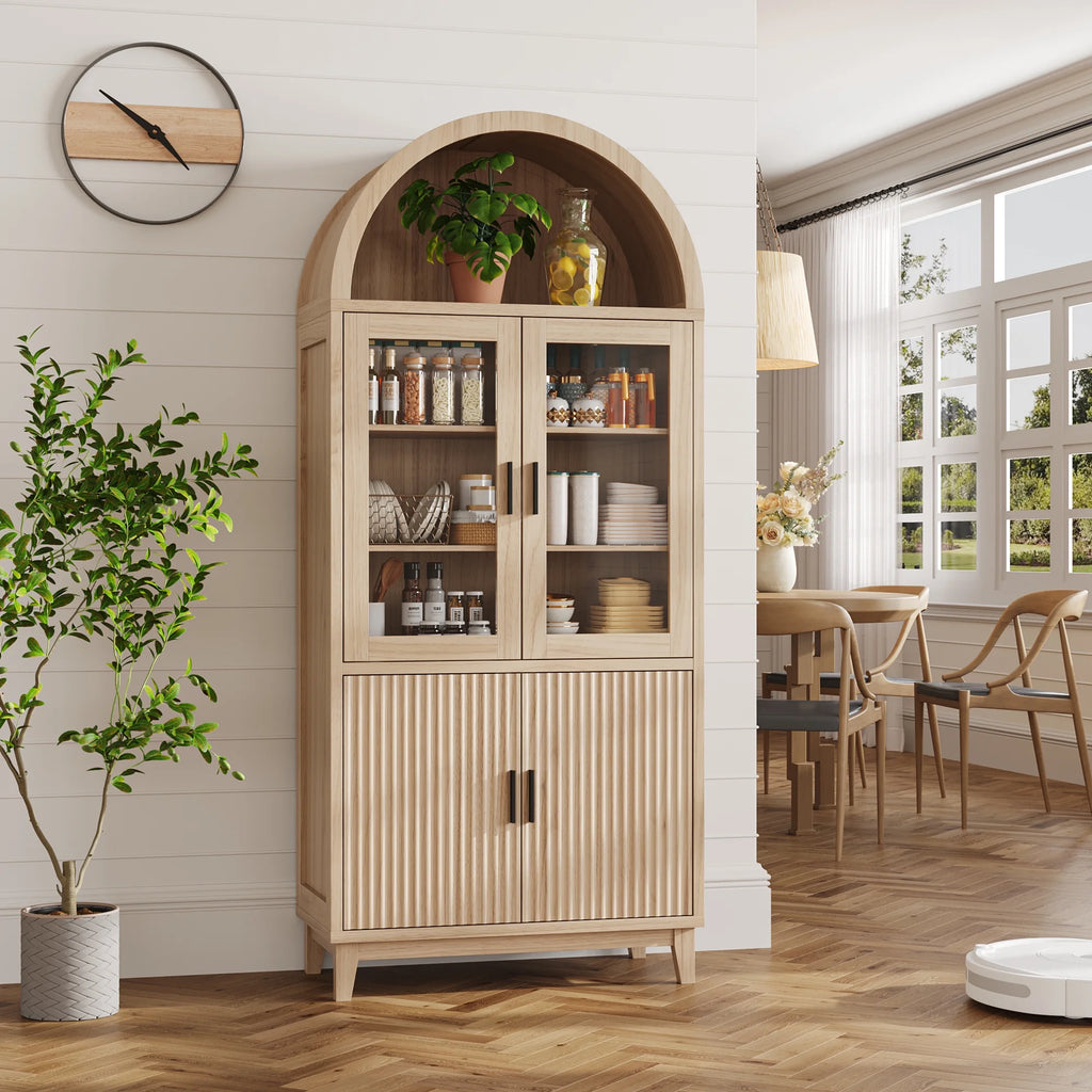 VEANERWOOD 71 Armoire haute cintrée, meuble de rangement de cuisine en bois cannelé avec 4 portes et 6 étagères pour salle à manger et salon