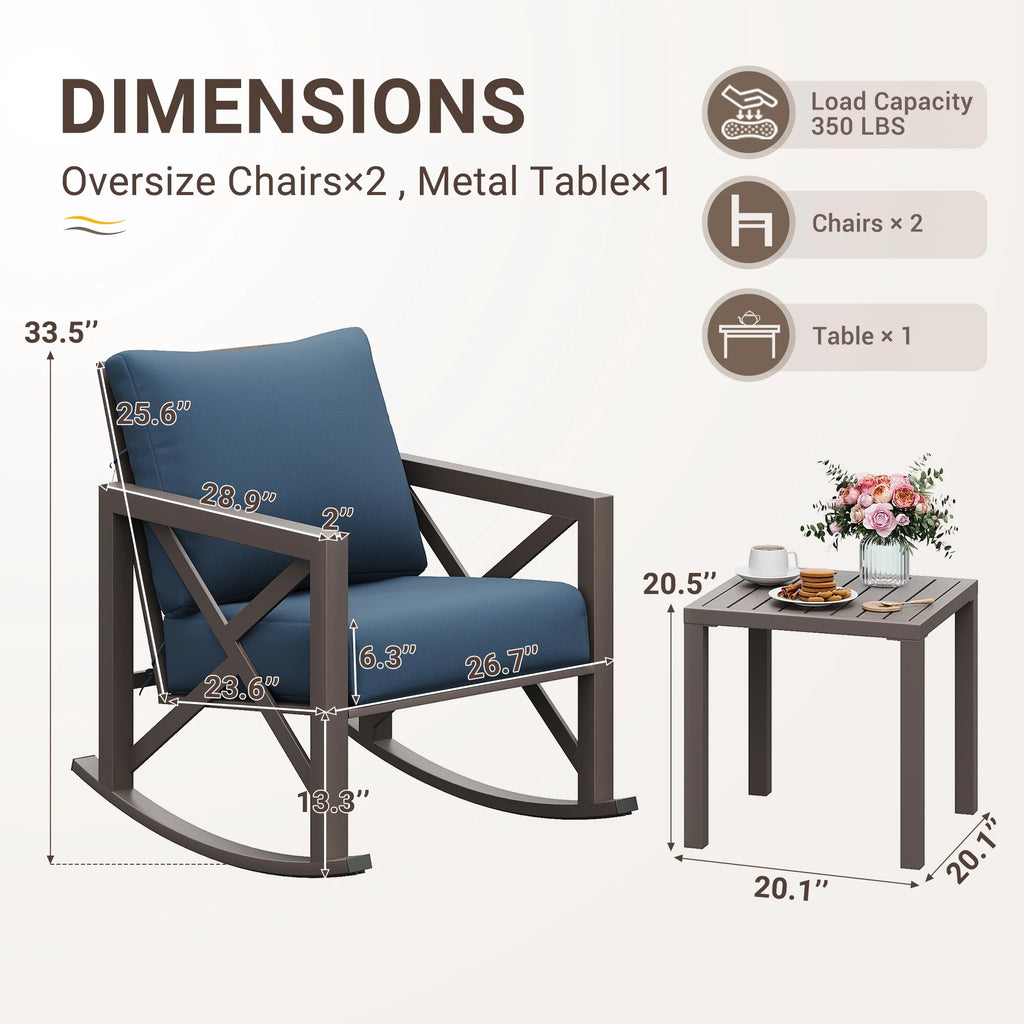 Ensemble de bistrot MRUAKA avec chaises à bascule, ensemble de mobilier de patio extérieur 3 pièces avec 2 chaises à bascule et 1 table basse en métal avec coussins épais pour porche, cour arrière, bord de piscine, beige