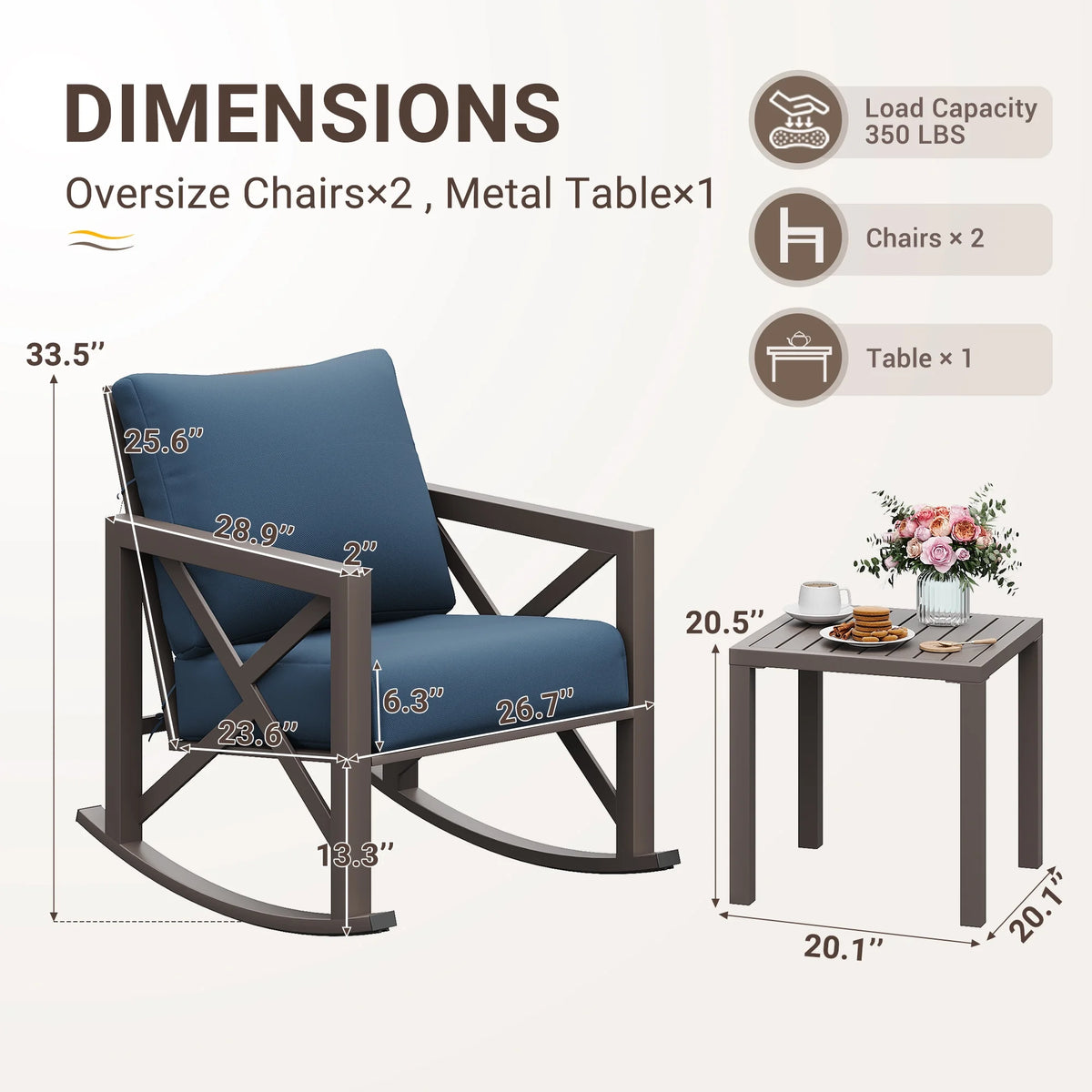 Ensemble de bistrot MRUAKA avec chaises à bascule, ensemble de mobilier de patio extérieur 3 pièces avec 2 chaises à bascule et 1 table basse en métal avec coussins épais pour porche, cour arrière, bord de piscine, beige