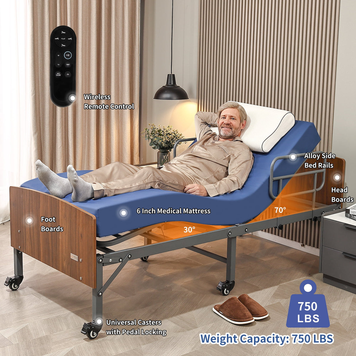 Lit d'hôpital ESHINE avec matelas imperméable 6 - Télécommande sans fil, tête de lit, roulettes de 2,5 pouces, inclinaison tête et pieds