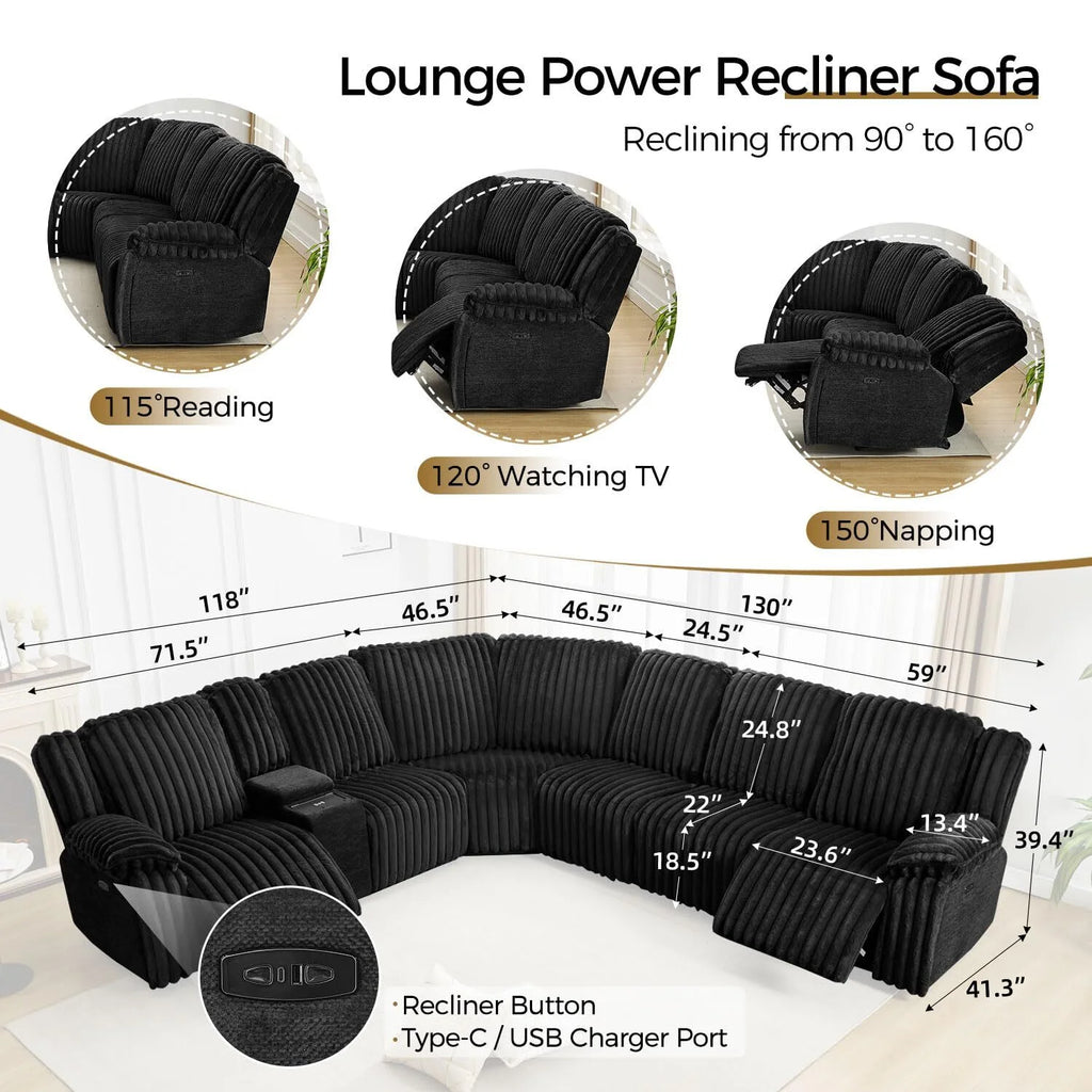 Canapé d’angle inclinable électrique avec chargeur sans fil, 6 places en fausse fourrure avec fauteuils inclinables, porte-gobelets dissimulés, console de rangement, ports USB et Type-C, noir