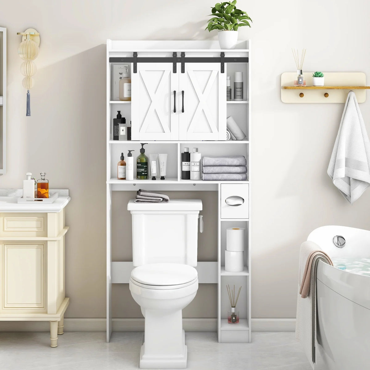 Meuble de rangement au-dessus des toilettes, meuble de rangement de style maisonnette au-dessus des toilettes avec portes coulissantesÉtagère de rangement gain de place pour toilettes, pour salle de bains, toilettes, buanderie