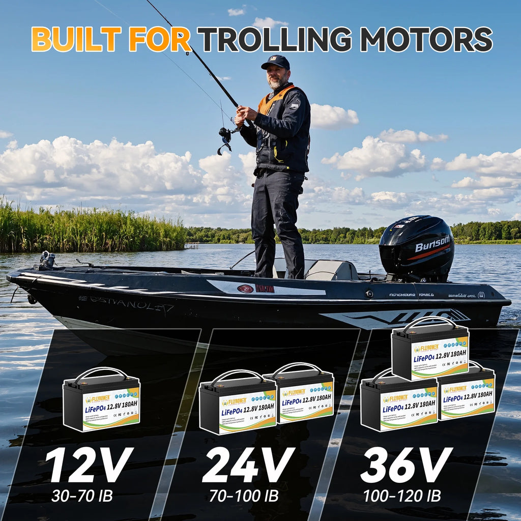 Batterie LiFePO4 12V 180Ah avec Chargeur,pour Moteur électrique Camping-car Marine Solaire Hors réseau Bateau,Batteries 15000+ Cycles profonds