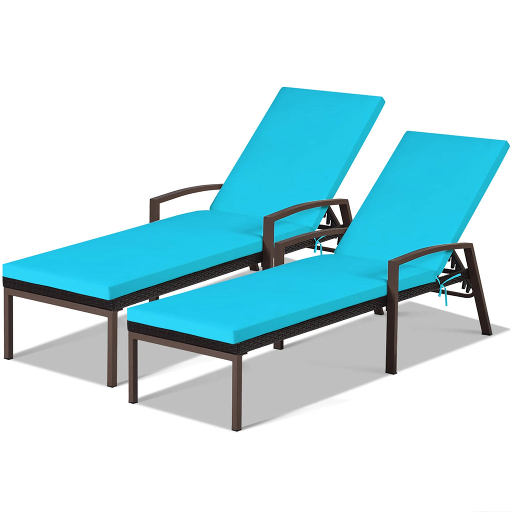 Costway Lot de 2 chaises longues de jardin en rotin, inclinables avec dossier réglable et coussinés, rouges