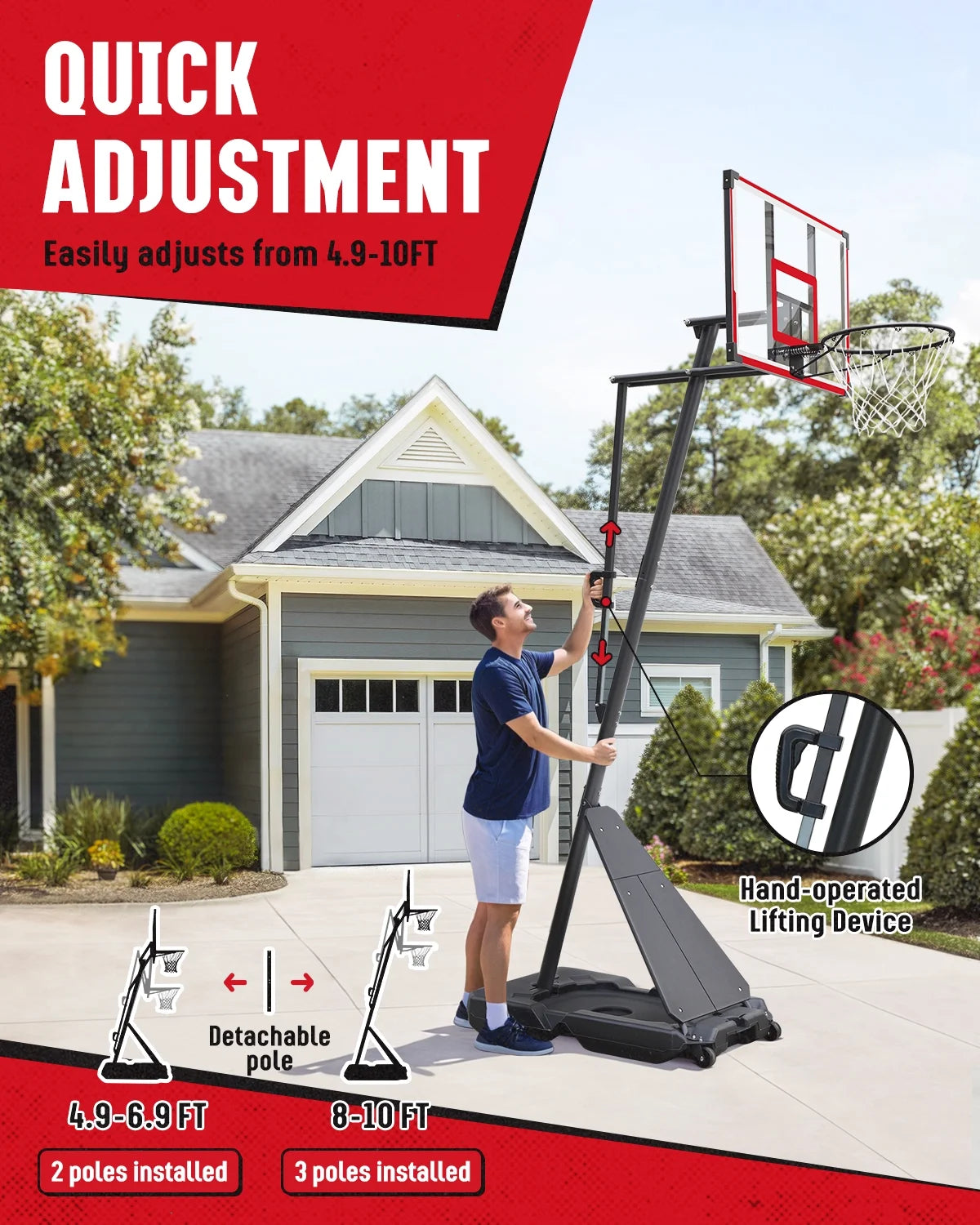 Panier de basketball Seray réglable en hauteur de 4,8 à 10 pieds pour enfants/adultes, panier de basketball portable avec panneau de 44 pouces et 2 roues pour sports en extérieur/intérieur