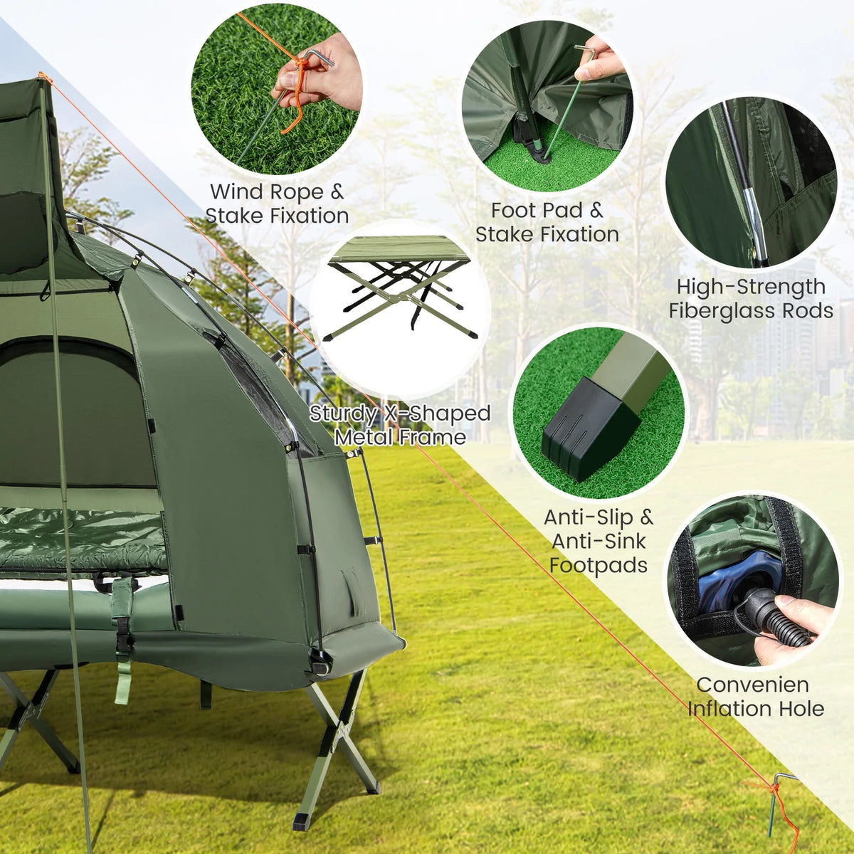 Tente de camping gonflable pour 1 personne Goplus avec matelas pneumatique, oreiller et sac de couchage