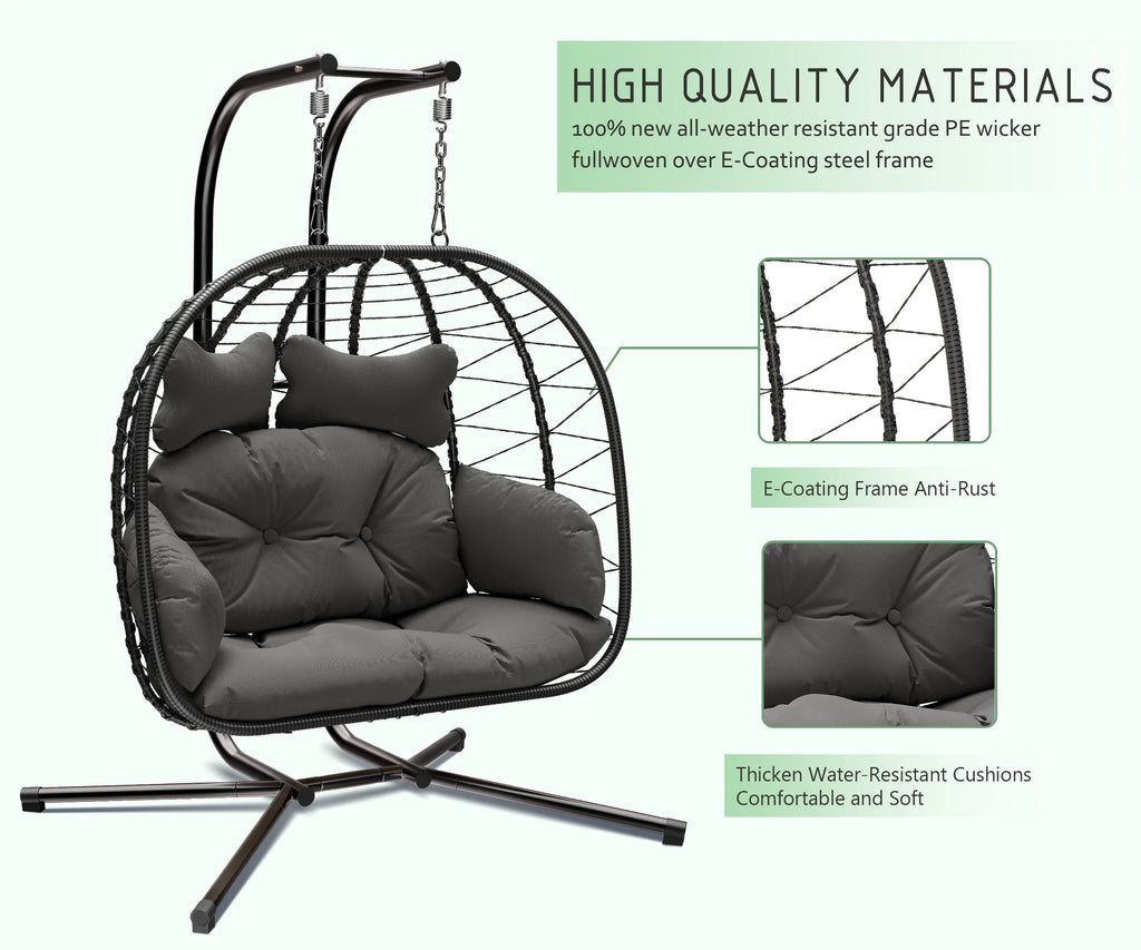 Bifanuo Fauteuil œuf balancelle double en osier, canapé suspendu pliant avec support, coussins amovibles résistants aux UV, capacité de 700 lb pour chambre, balcon (noir et beige)