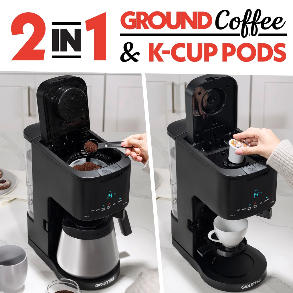 Machine à café 2-en-1 Gourmia, à dosettes individuelles + filtre 12 tasses, compatible K-Cup, noire