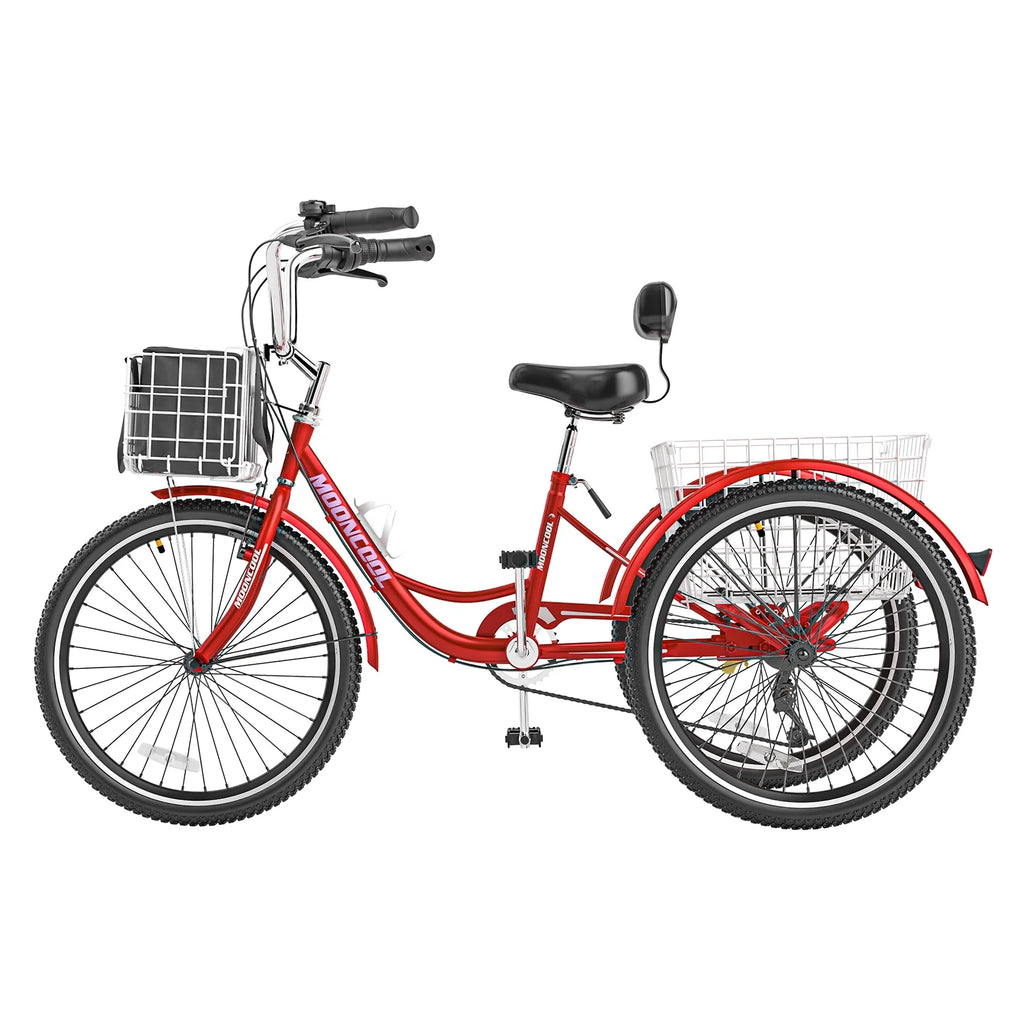 Tricycles pour adultes MOONCOOL avec panier arrière et pompe à pied, vélos à 3 roues 7 vitesses de 24 et 26 pouces, vélo à trois roues pour adultes avec dossier pour seniors, femmes et hommes