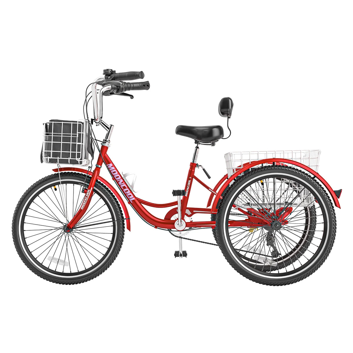 Tricycles pour adultes MOONCOOL avec panier arrière et pompe à pied, vélos à 3 roues 7 vitesses de 24 et 26 pouces, vélo à trois roues pour adultes avec dossier pour seniors, femmes et hommes