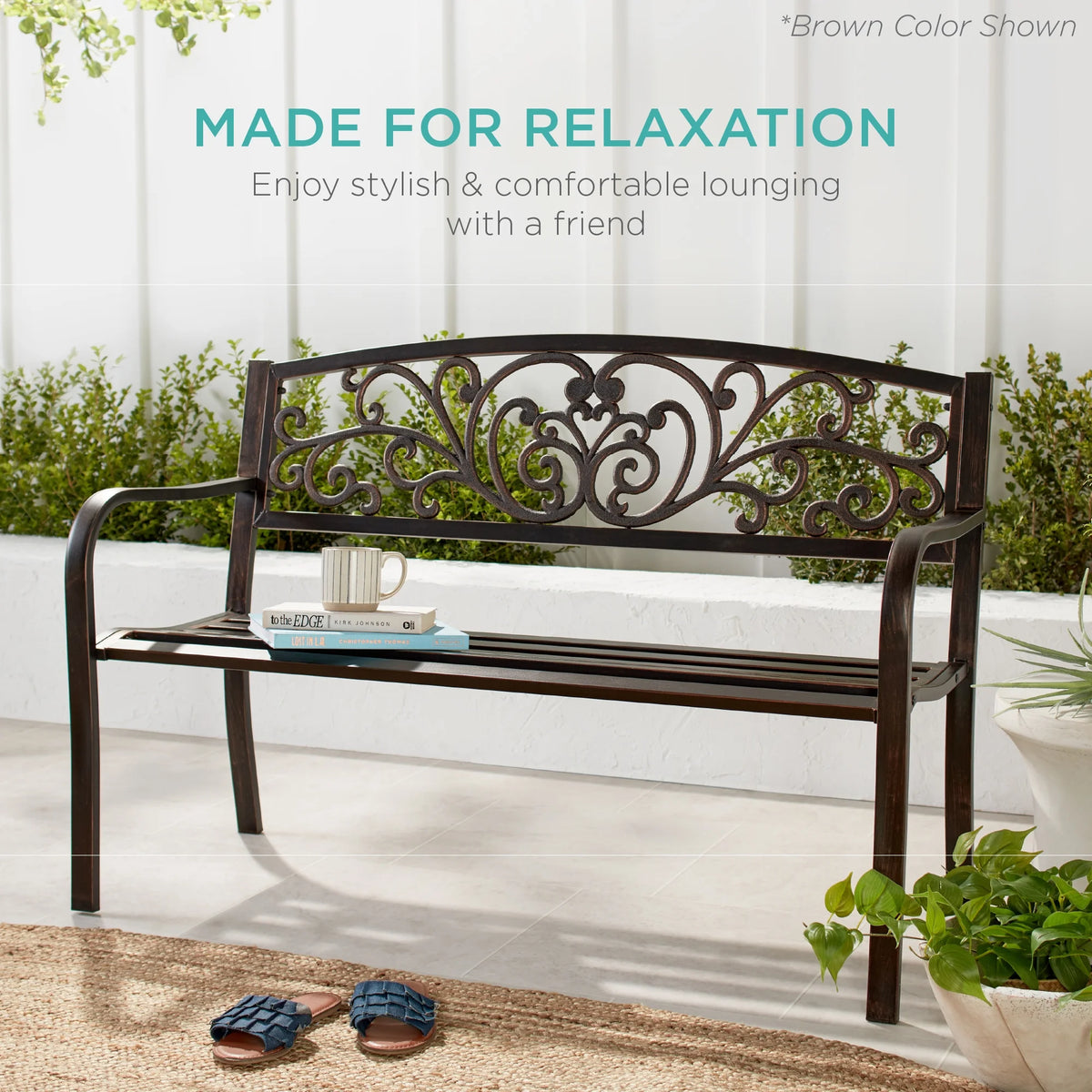 Best Choice Products Banc en Acier d'Extérieur Jardin Patio Porche Meuble avec Dossier à Motif Floral - Noir