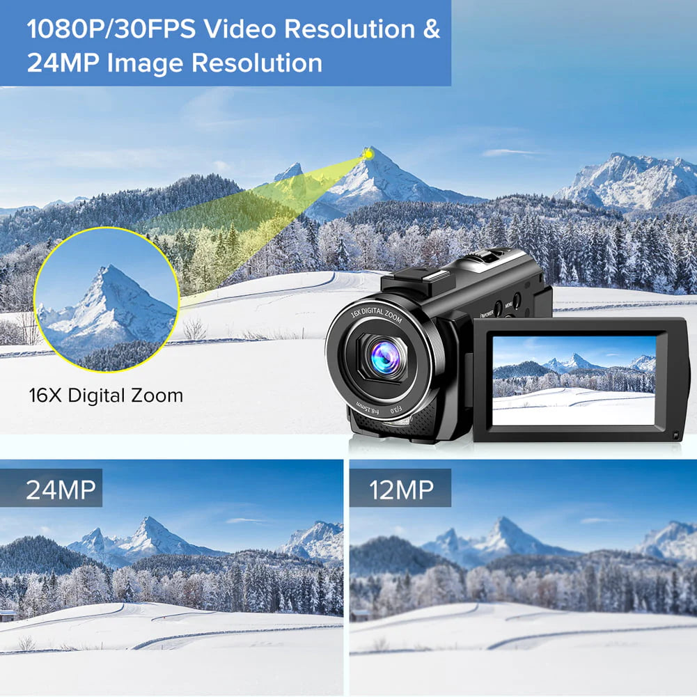 Caméra Vidéo Caméscope Caméra de Vlogging YouTube FHD 1080P 30FPS 24MP Zoom Numérique 16X Écran LCD 3 Rotatif 270 Degrés Appareil Photo Numérique Enregistreur avec Microphone,Télécommande,2 Batteries