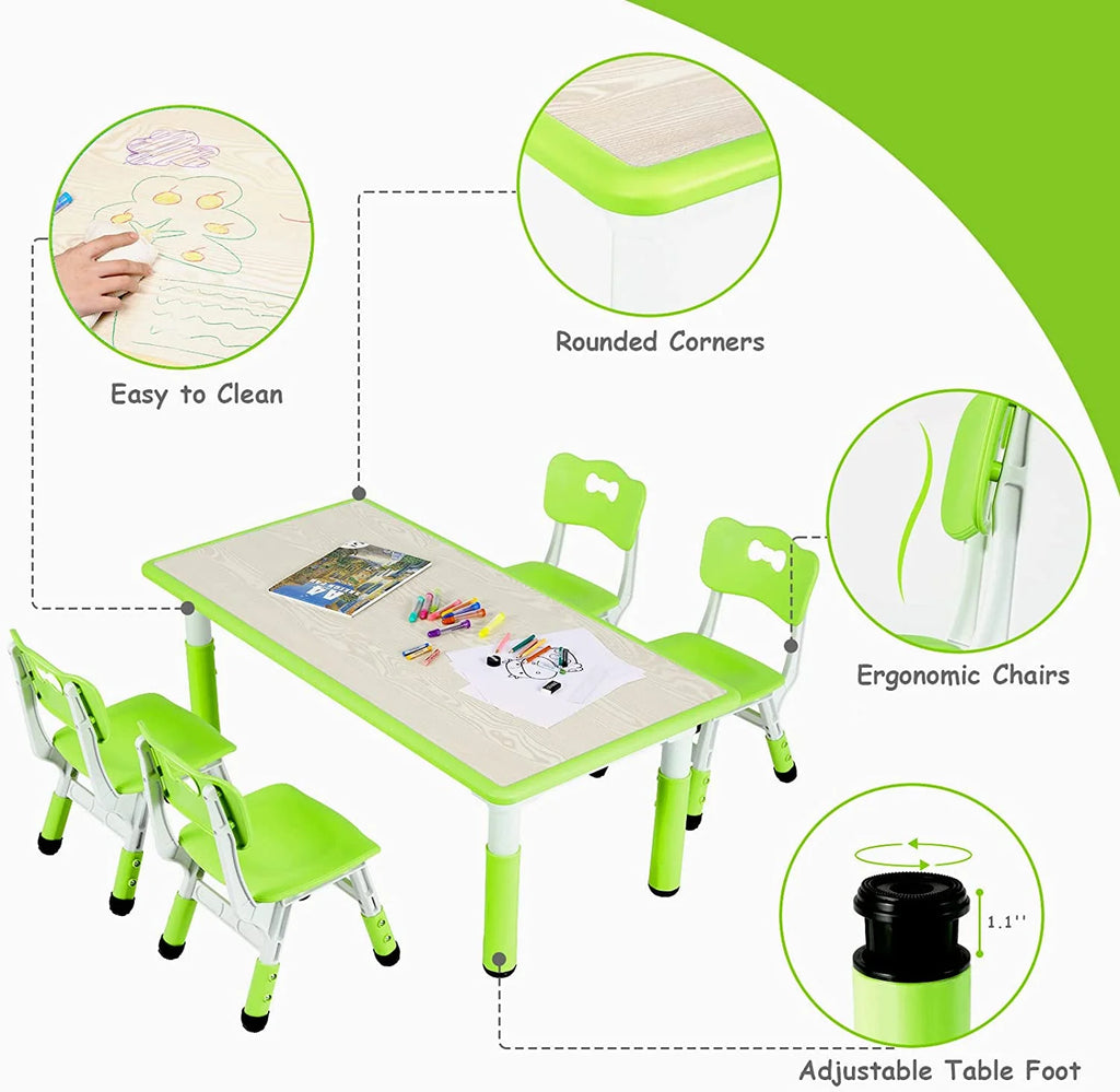 Ensemble table et 4 chaises pour enfants LAZY BUDDY, bureau réglable en hauteur pour tout-petits avec plateau graffiti, ensemble de table d’activités pour enfants pour crèche et maison