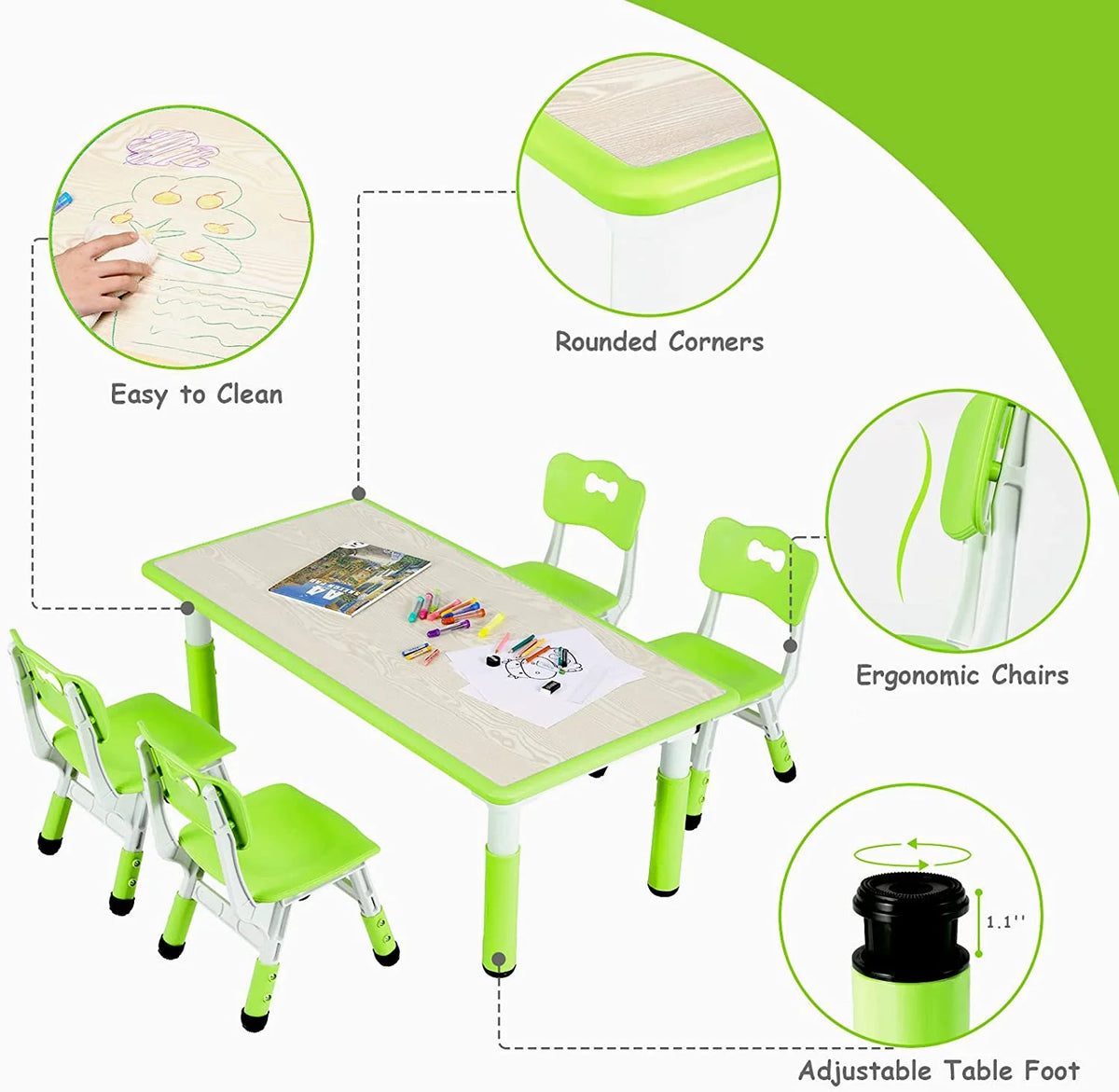Ensemble table et 4 chaises pour enfants LAZY BUDDY, bureau réglable en hauteur pour tout-petits avec plateau graffiti, ensemble de table d’activités pour enfants pour crèche et maison