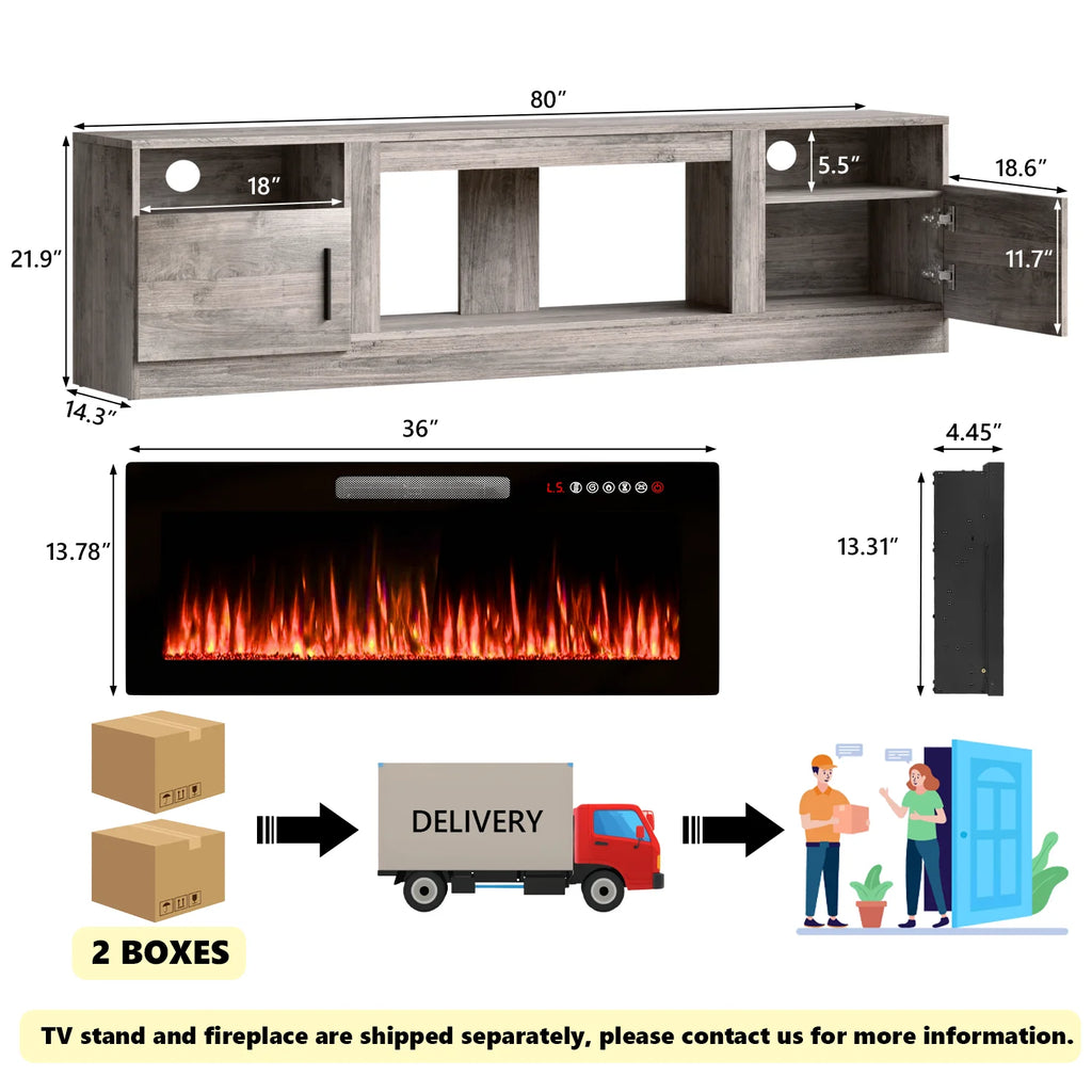 Meuble TV avec cheminée Waleaf avec cheminée électrique de 36 pouces pour téléviseurs jusqu’à 80 pouces, console multimédia moderne en bois avec meuble éclairé, blanc
