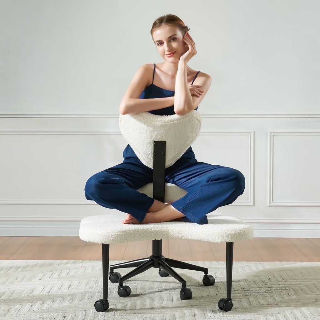 Chaise ergonomique pivotante pour position en tailleur Pinmoco, hauteur réglable et tissu bouclette, chaise de méditation et pour TDAH avec soutien dorsal, pour la maison et le bureau, blanc cassé