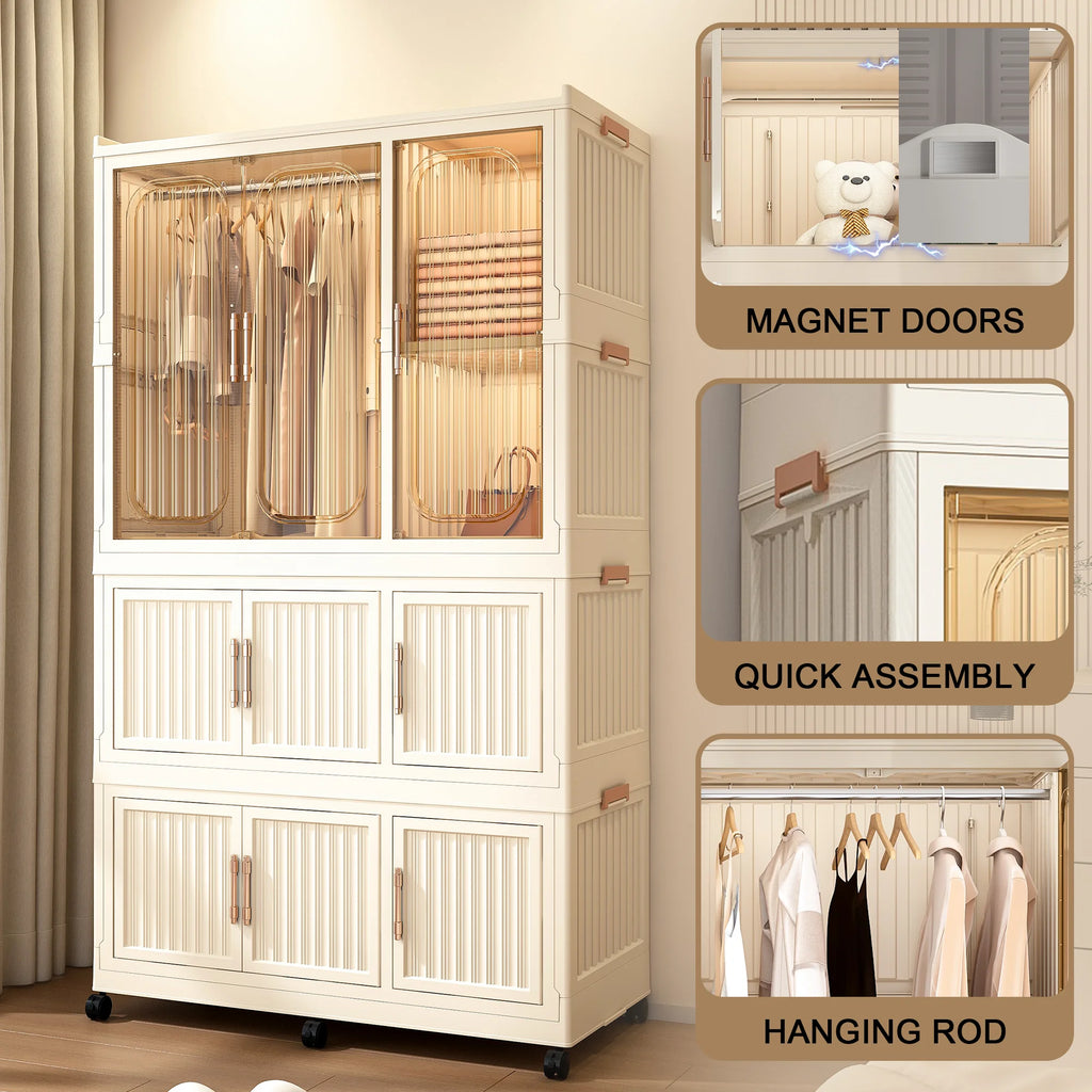 Penderie portable pour enfants Montary avec portes magnétiques et tringle – Meuble de rangement en plastique à 4 casiers pour chambre d'enfant