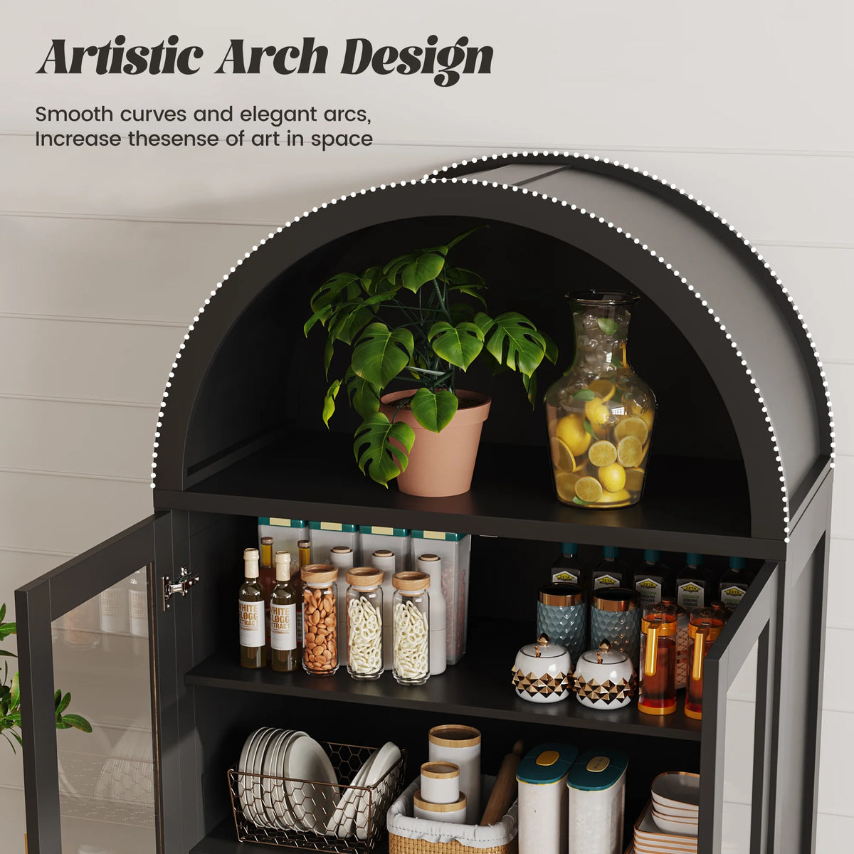 VEANERWOOD 71 Armoire haute cintrée, meuble de rangement de cuisine en bois cannelé avec 4 portes et 6 étagères pour salle à manger et salon