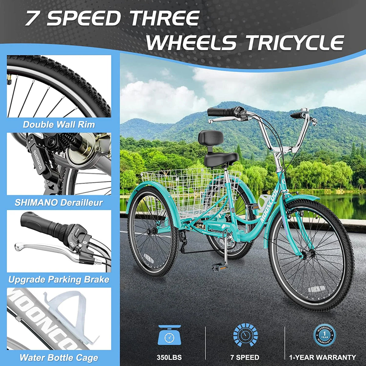 Tricycle pour adulte 20/24/26 pouces 7 vitesses, Vélo à trois roues pour adulte, Trike Cruiser avec outils & grand panier pour exercice, courses, pique-nique, activités de plein air
