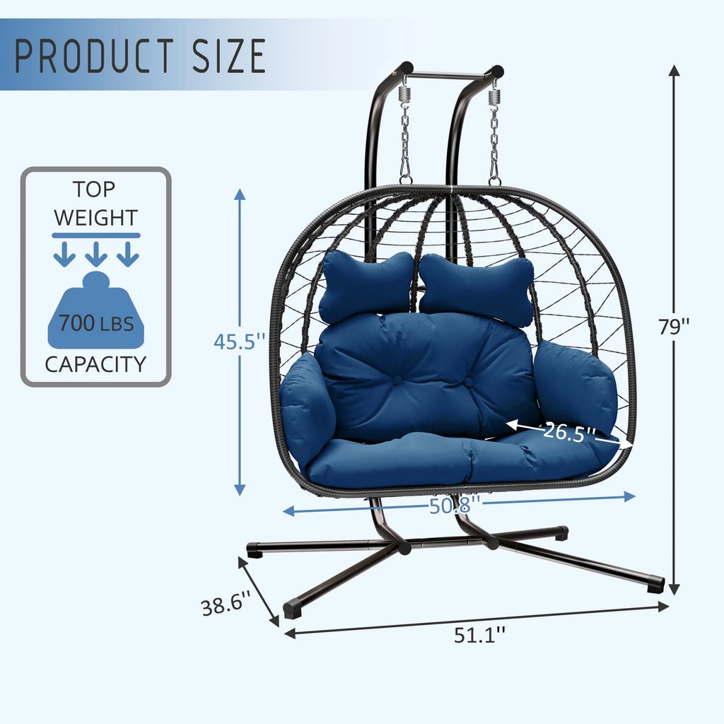 Bifanuo Fauteuil œuf balancelle double en osier, canapé suspendu pliant avec support, coussins amovibles résistants aux UV, capacité de 700 lb pour chambre, balcon (noir et beige)