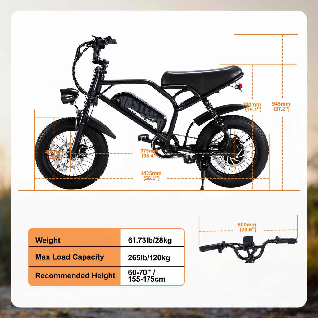 Vélo électrique AVDL, vélo à pneus larges de 16 pouces, moteur de 500 W, batterie amovible 48 V 12 Ah, suspension intégrale, 38 miles en mode électrique pur, 55 miles avec pédalage