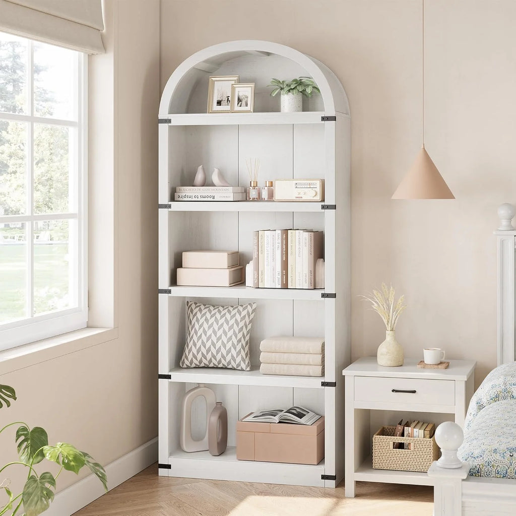Bibliothèque à 5 étagères avec arche, 182 cm de haut, meuble de rangement et d’exposition de style rustique en bois pour bureau, salon ou maison (blanc)