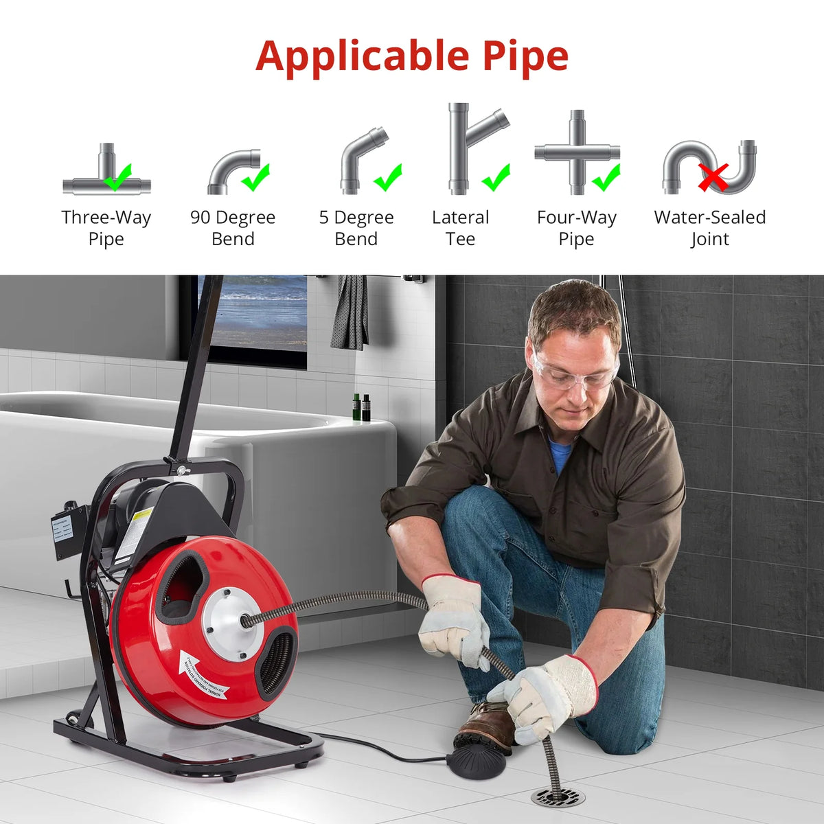 Machine de débouchage Roromall 50 pi/75 pi/100 pi x 3/8 po/1/2 po, furet électrique pour égouts avec 4 coupe-racines, pédale de commande à air, gants