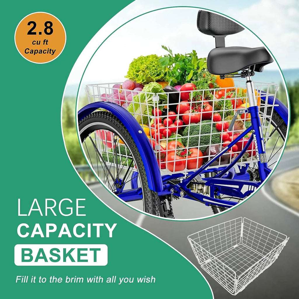 Tricycles pour adultes MOONCOOL avec panier arrière et pompe à pied, vélos à 3 roues 7 vitesses de 24 et 26 pouces, vélo à trois roues pour adultes avec dossier pour seniors, femmes et hommes