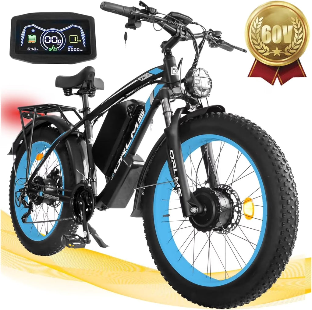 Vélo électrique 5000 W (crête) pour adultes, moto électrique avec batterie 60 V 25 Ah, vélo électrique à double moteur 80 km/h, vélo électrique à pneus larges 26 × 4,0, VTT à transmission intégrale et 21 vitesses pour tous les terrains UL 2849
