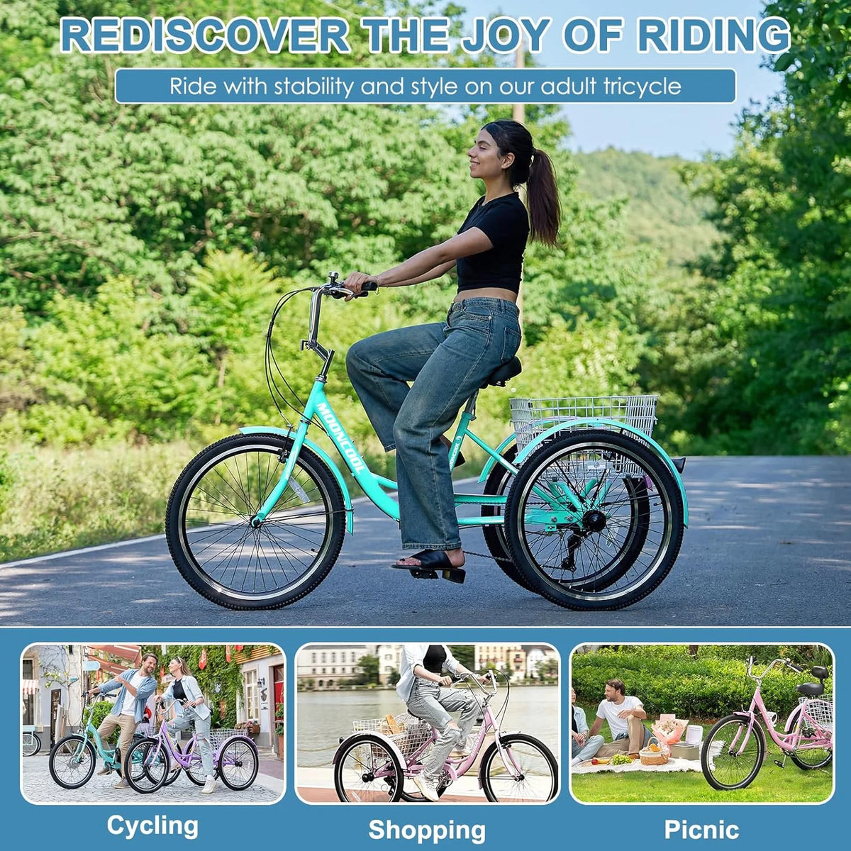 Tricycles pour adultes MOONCOOL avec panier arrière et pompe à pied, vélos à 3 roues 7 vitesses de 24 et 26 pouces, vélo à trois roues pour adultes avec dossier pour seniors, femmes et hommes