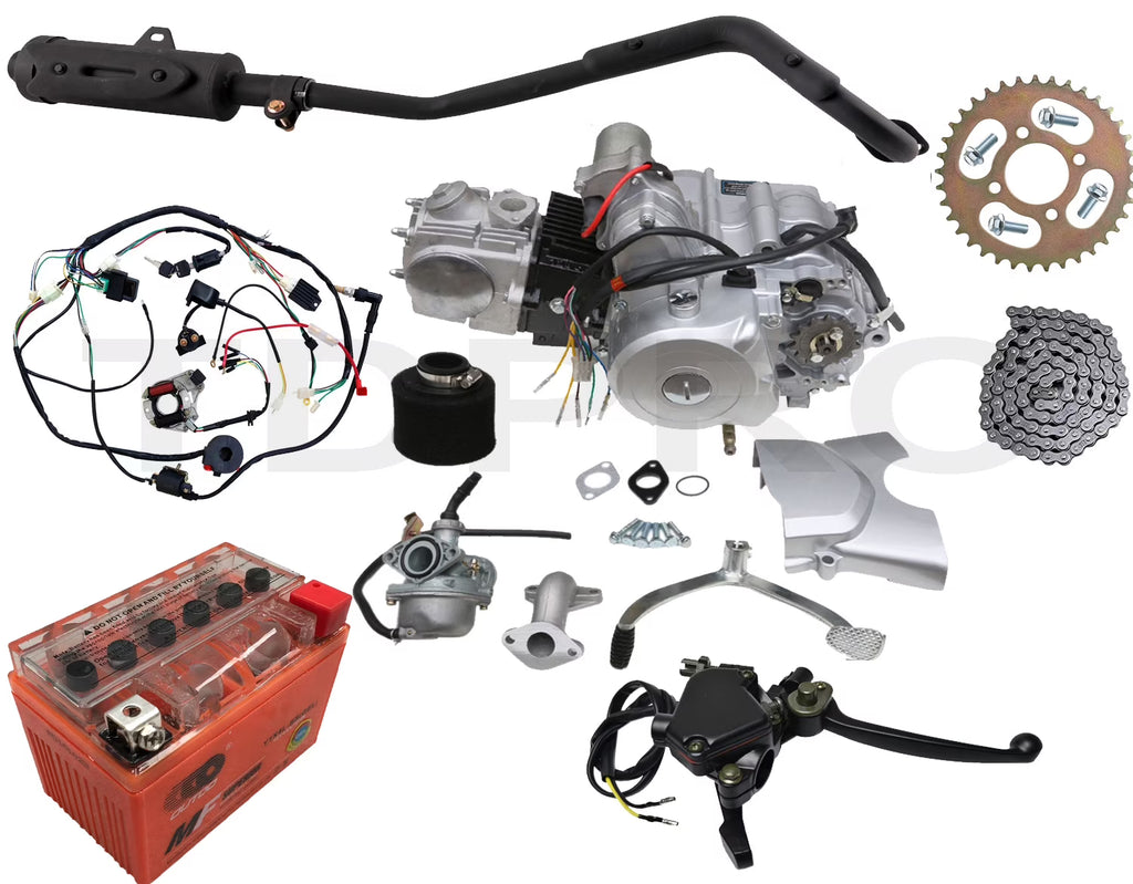 Moteur semi-automatique 125cc 3 vitesses + marche arrière, démarrage électrique avec faisceau de câbles + batterie + échappement + kit complet pour ATV, quad, buggy, kart et véhicule à quatre roues Taotao Coolster 50cc, 70cc, 90cc, 110cc