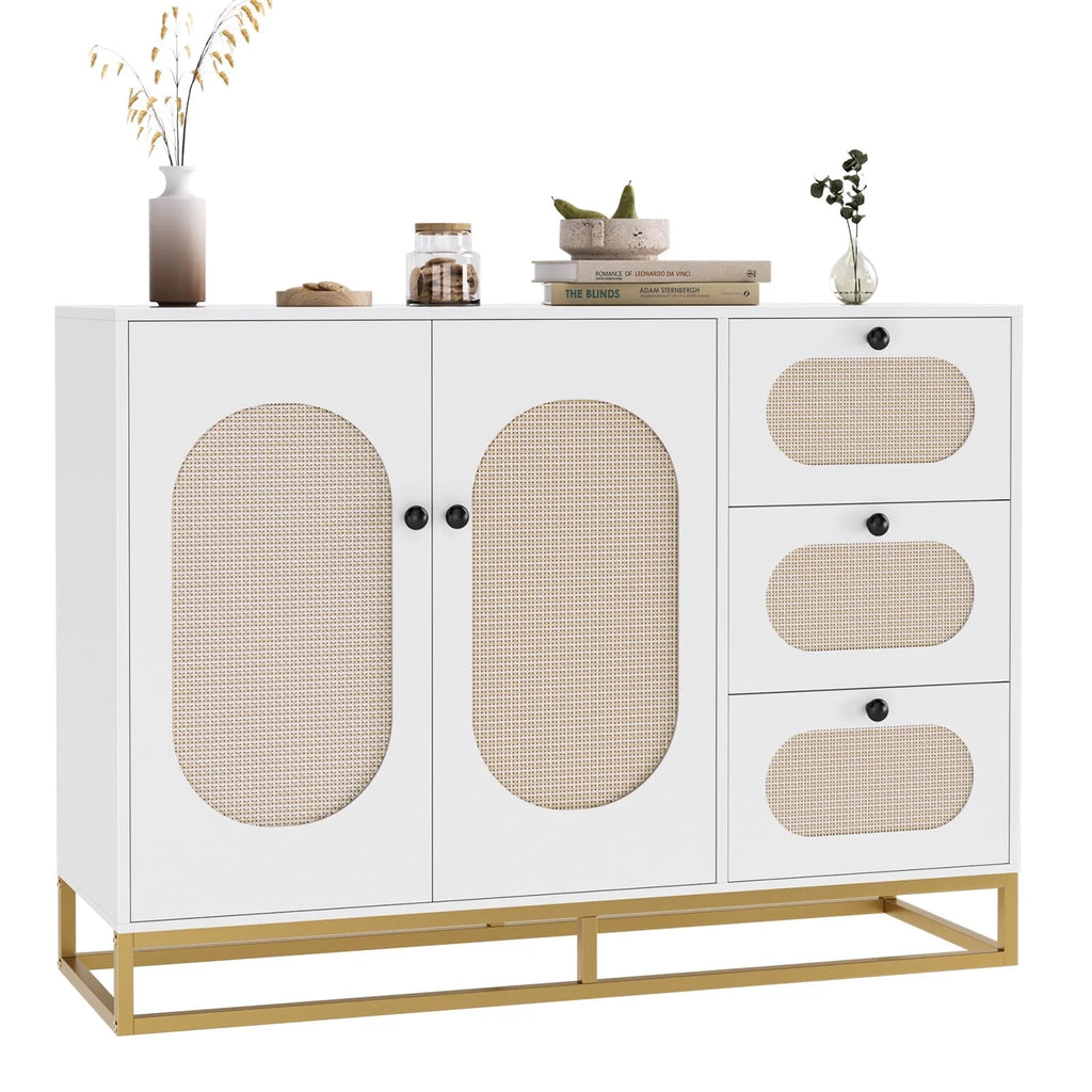 Meuble de rangement d'appoint Homfa à 3 tiroirs, buffet doré de 34,2 H avec portes en rotin pour salon, blanc