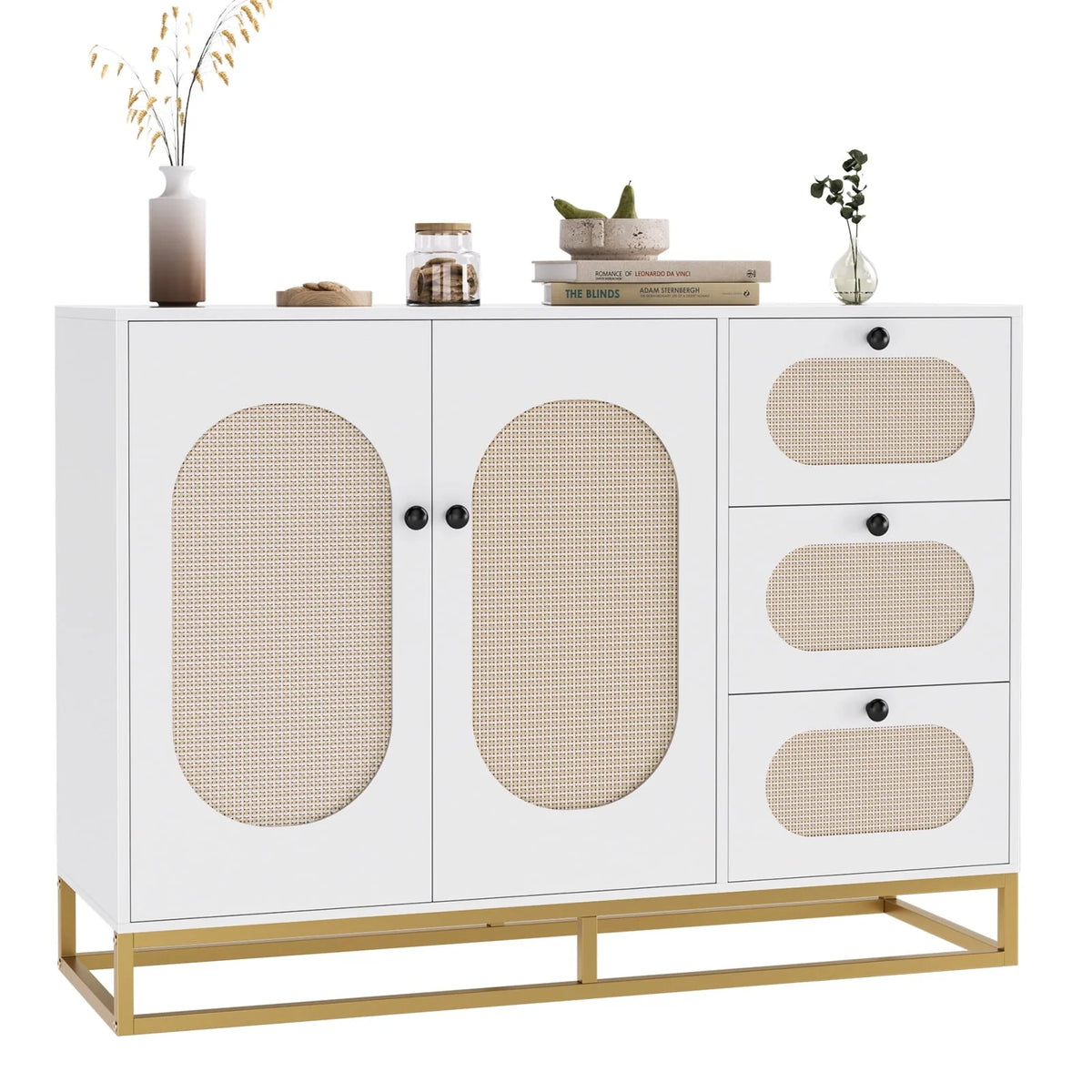 Meuble de rangement d'appoint Homfa à 3 tiroirs, buffet doré de 34,2 H avec portes en rotin pour salon, blanc