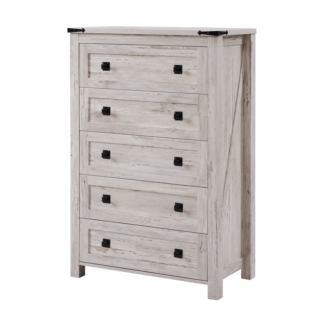 Commode Keywhat Farmhouse à 5 tiroirs pour chambre, meuble de rangement en bois pour salon, blanc antique
