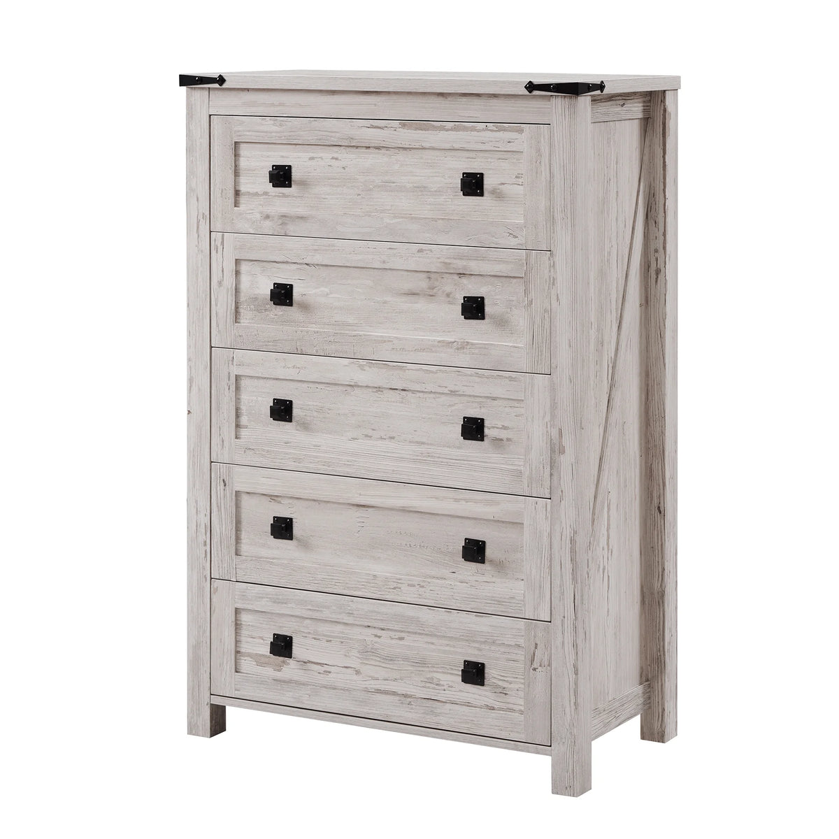 Commode Keywhat Farmhouse à 5 tiroirs pour chambre, meuble de rangement en bois pour salon, blanc antique