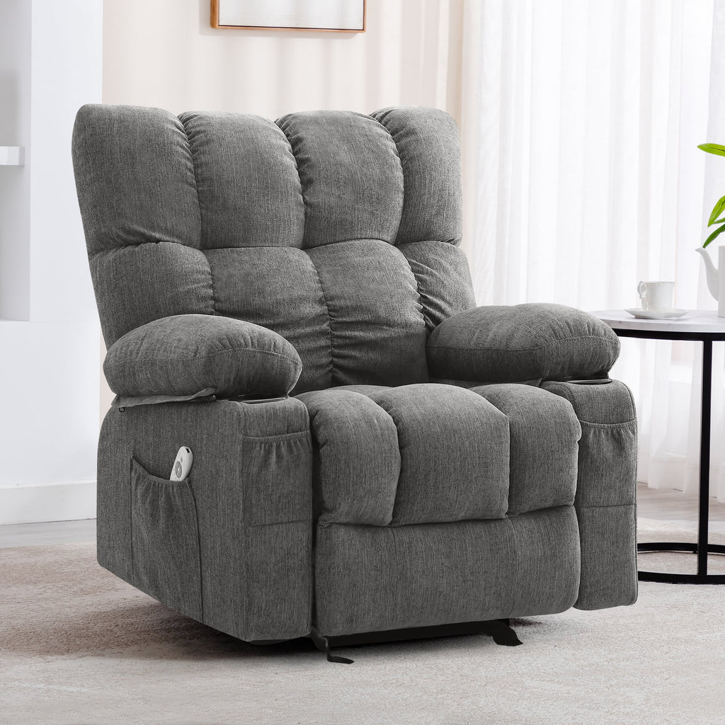 Fauteuil inclinable manuel JONPONY avec fonction de massage et de chauffage, mécanisme d’inclinaison robuste, fauteuil à bascule individuel pour personnes âgées avec porte-gobelets, pour chambre et salle de cinéma maison, gris