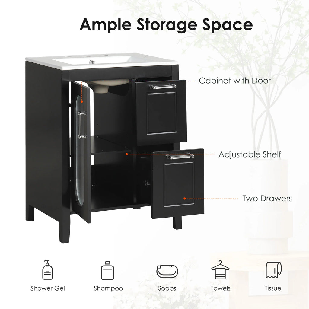 Meuble-lavabo Soges 24 avec vasque en céramique, meuble de toilette en bois massif avec porte, étagère réglable et 2 tiroirs, ensemble lavabo simple autoportant pour petite salle de bains, blanc