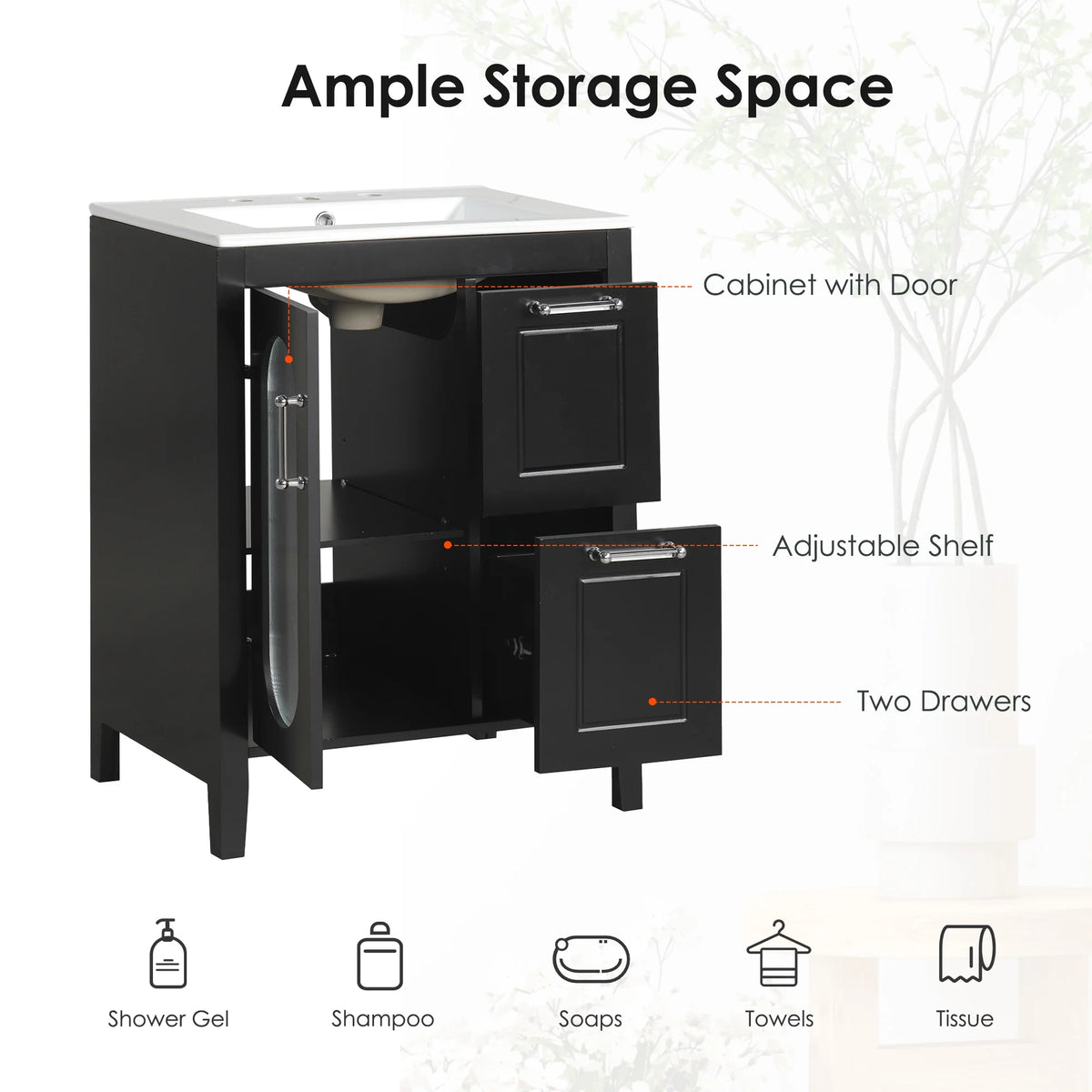 Meuble-lavabo Soges 24 avec vasque en céramique, meuble de toilette en bois massif avec porte, étagère réglable et 2 tiroirs, ensemble lavabo simple autoportant pour petite salle de bains, blanc