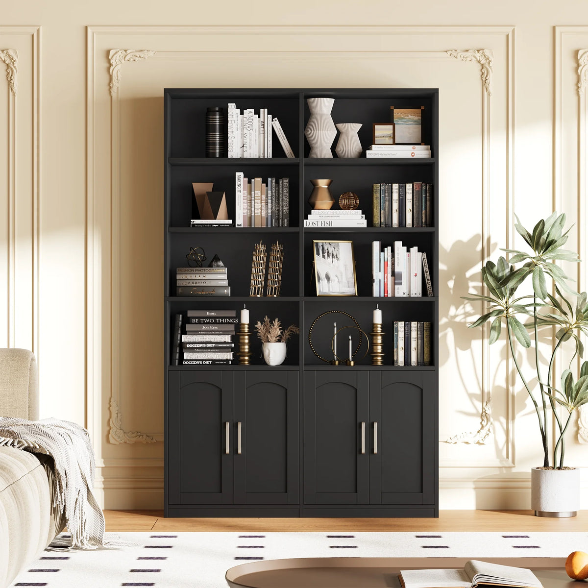 Bibliothèque haute Homfa 73 avec portes, 8 compartiments, 6 niveaux, double rangée, blanche, pour salon et bureau à domicile