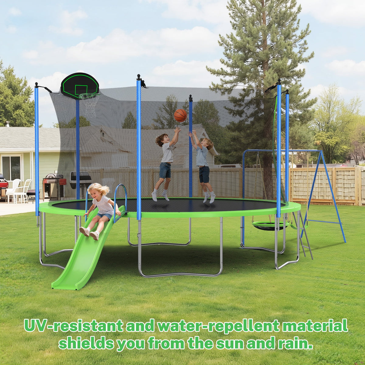Trampoline de 12 pieds avec toboggan, balançoires, trampoline récréatif SEGMART avec panier de basket et échelle, trampoline d’extérieur robuste pour jardin avec filet pour enfants et adultes, vert