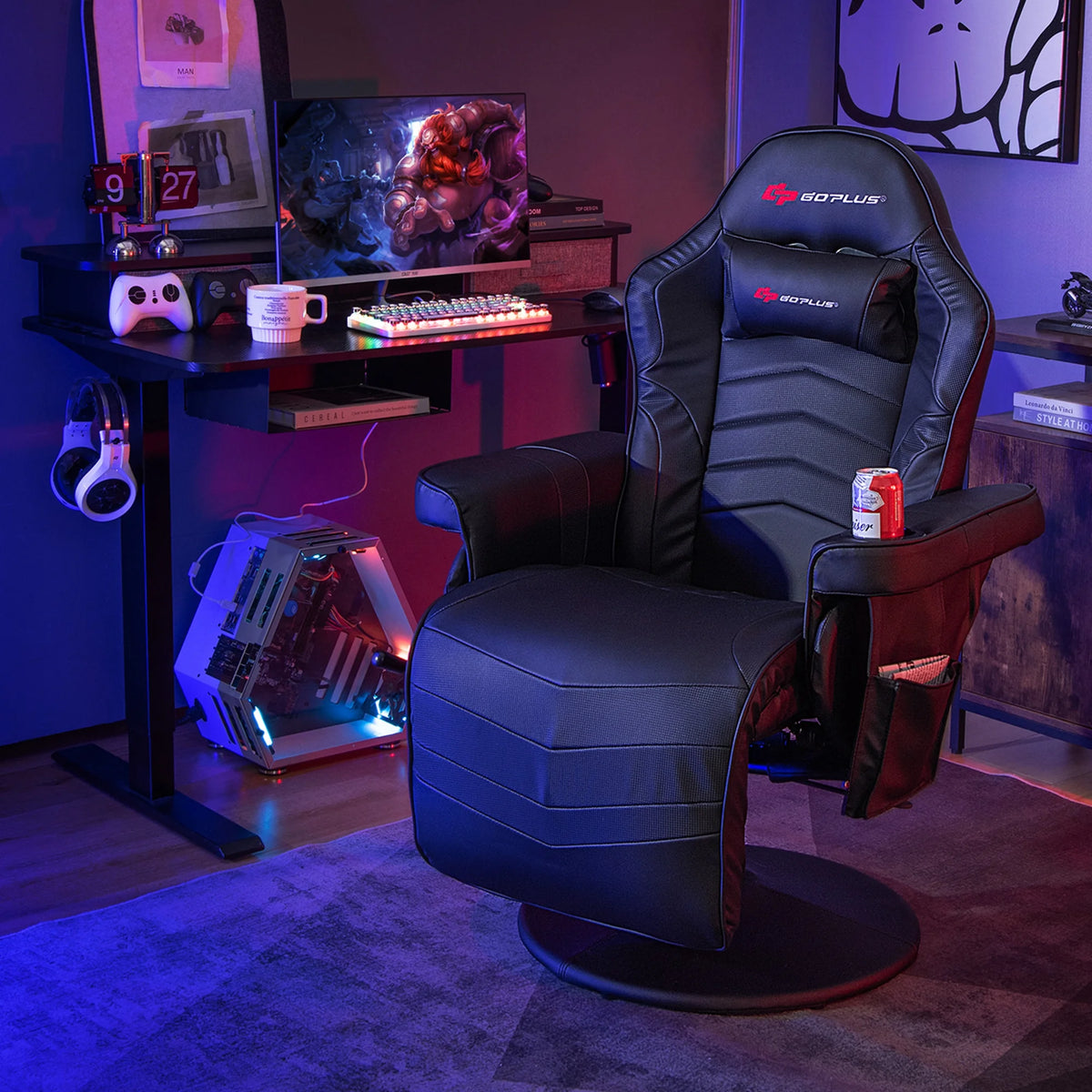 Fauteuil gaming inclinable Goplus avec massage, réglable en hauteur, pivotant, style racing, avec porte-gobelet, rouge