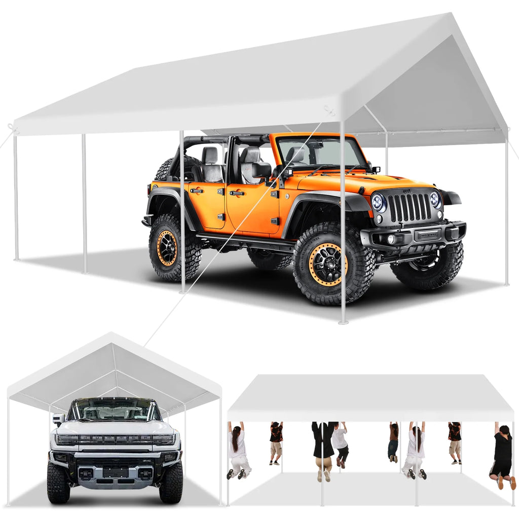 COBIZI Carport 10'x20' Grande tente pour voiture robuste avec structure en acier thermolaqué, garage portable avec parois latérales et portes amovibles, auvent pour voiture avec bâche toutes saisons pour fête en plein air, anniversaire, gris