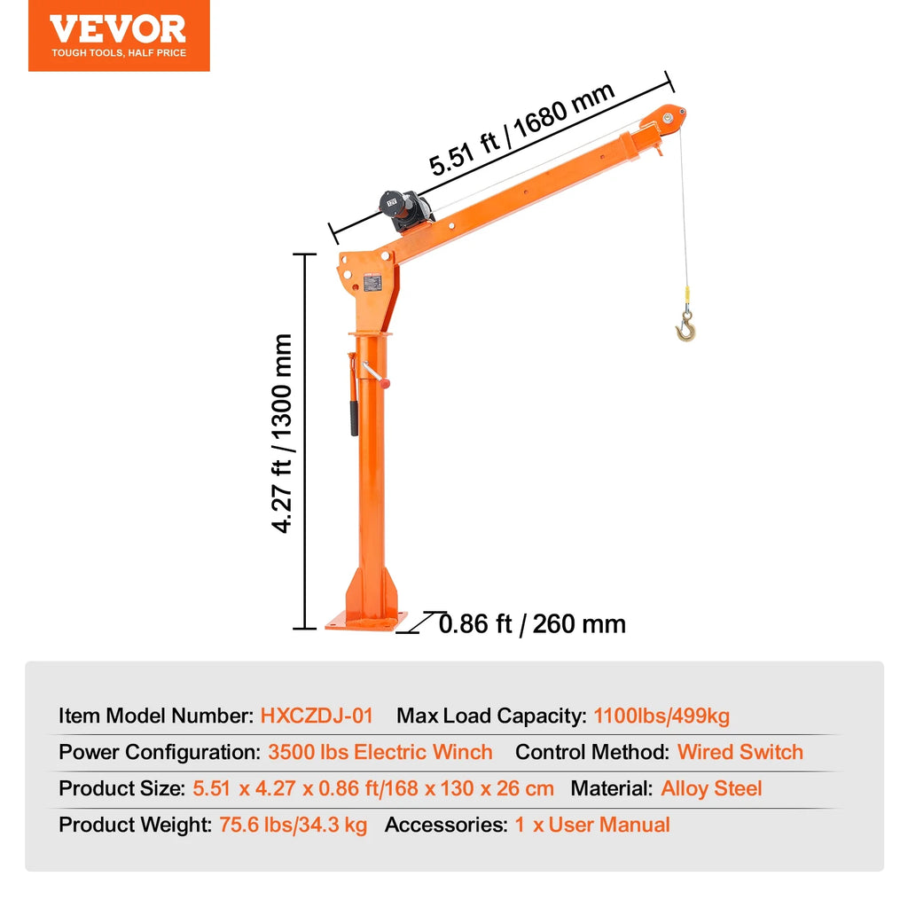Grue électrique pour pick-up VEVOR, 1 100 lb, grue de benne pliable montée sur camion avec treuil électrique de 3 500 lb, palan à flèche en acier pour pick-up avec pivot à 360° pour le levage de marchandises dans la construction et l'usine