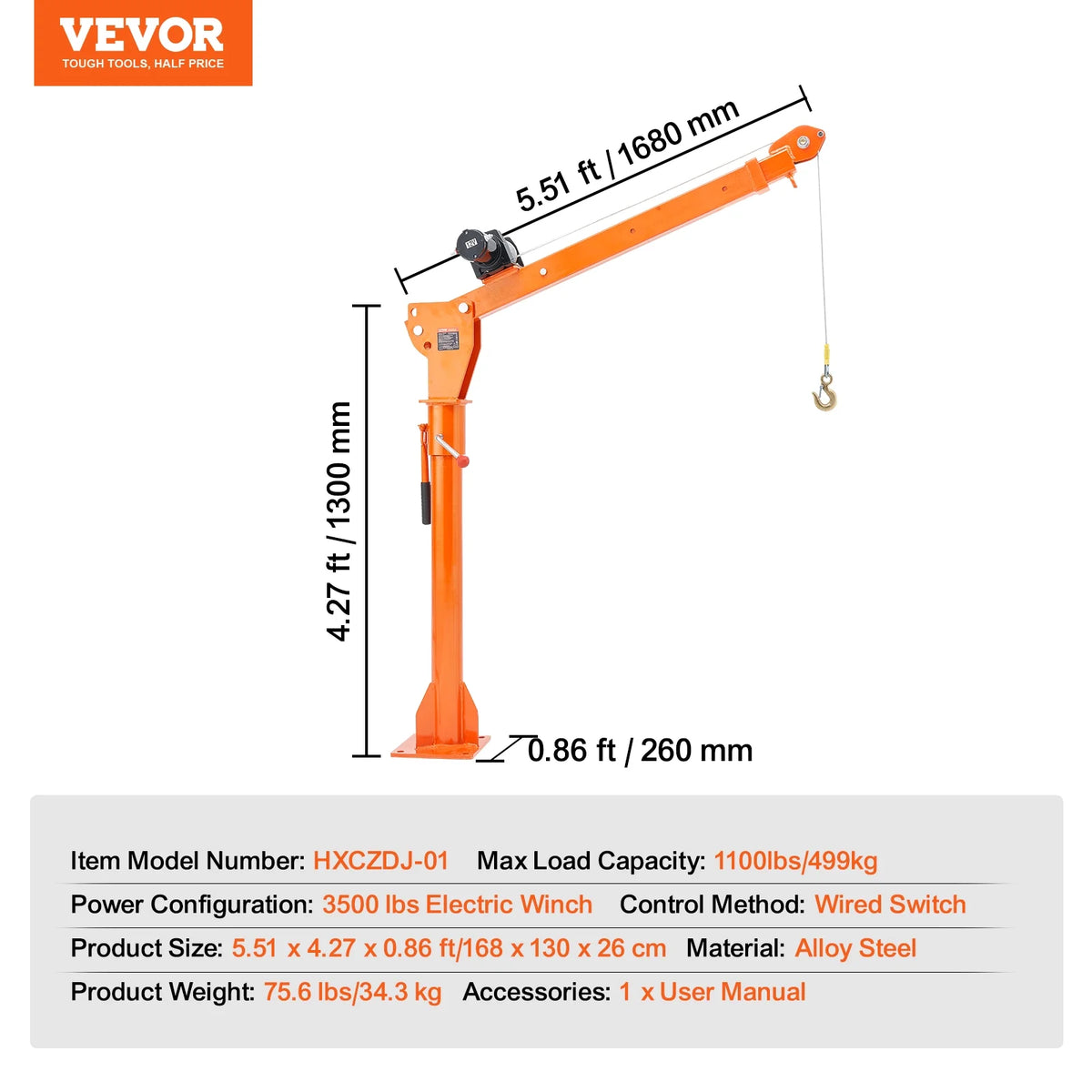 Grue électrique pour pick-up VEVOR, 1 100 lb, grue de benne pliable montée sur camion avec treuil électrique de 3 500 lb, palan à flèche en acier pour pick-up avec pivot à 360° pour le levage de marchandises dans la construction et l'usine