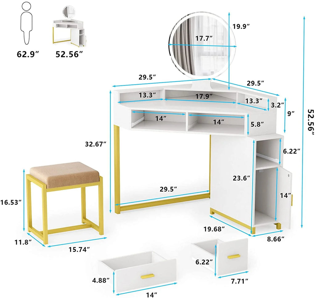 Coiffeuse d’angle avec miroir lumineux, table de maquillage avec tiroirs, meuble et tabouret rembourré, coiffeuse pour fille pour salle de bain ou chambre, blanche, par TZUTOGETHER
