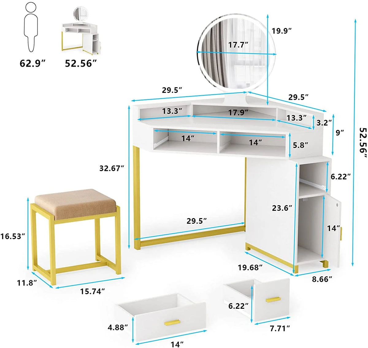 Coiffeuse d’angle avec miroir lumineux, table de maquillage avec tiroirs, meuble et tabouret rembourré, coiffeuse pour fille pour salle de bain ou chambre, blanche, par TZUTOGETHER