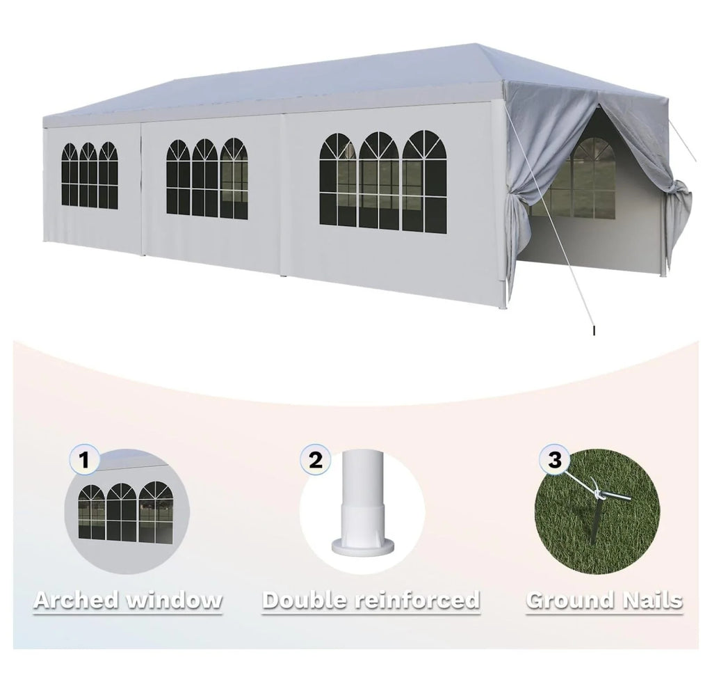 Tente de réception robuste de 10' x 30' - Chapiteau de mariage imperméable avec parois latérales amovibles, abri de type pavillon pour événements en plein air (Blanc)