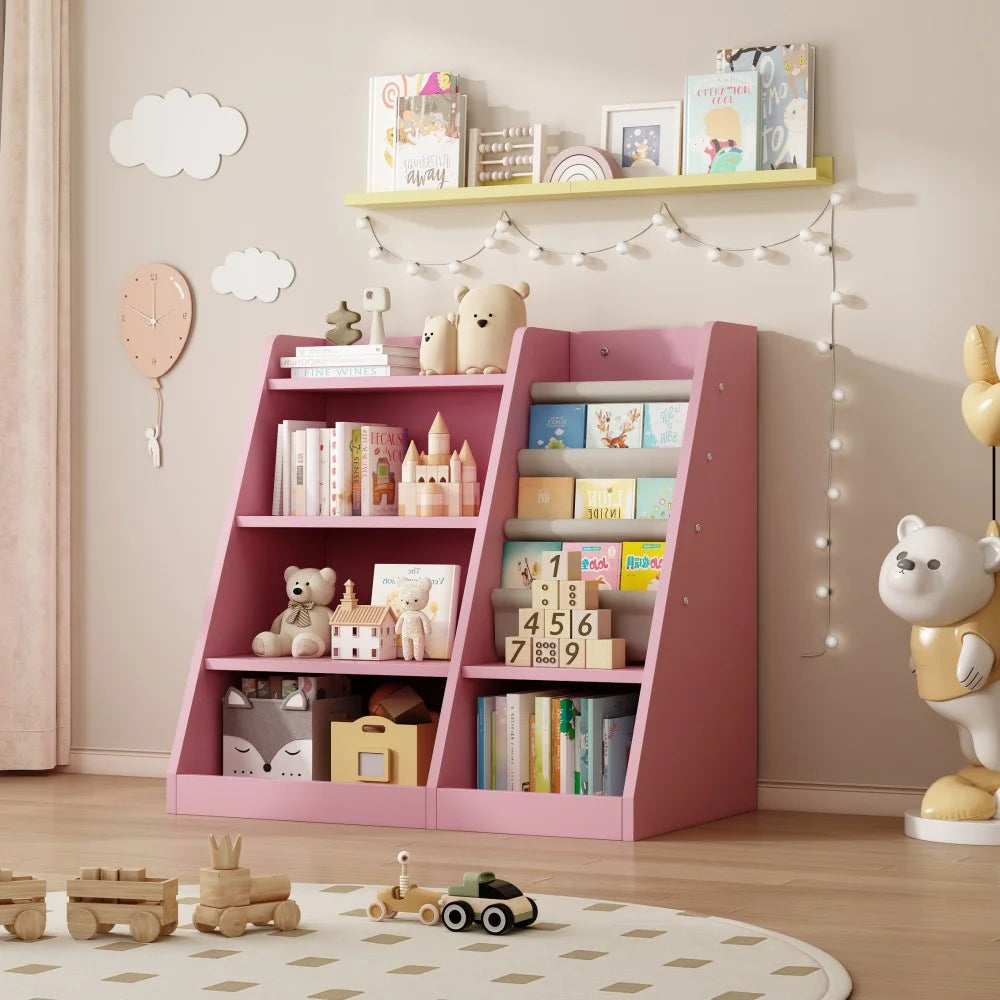 IVV Bibliothèque Montessori pour enfants, Bibliothèque moderne en bois à 4 niveaux, Étagère à livres et jouets pour enfants, Support d’étagère en tissu, Pour salle de classe, chambre, chambre de bébé ou salle de jeux (Rose)
