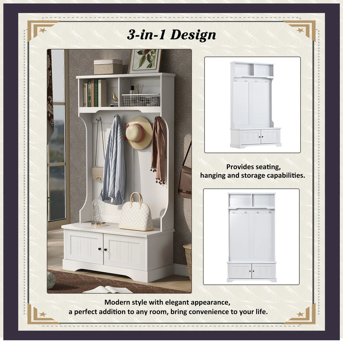 Vestiaire d’entrée avec banc rembourré et patères, banc d’entrée avec 3 crochets, 3 étagères ouvertes, 2 tiroirs et placards de rangement, banc de vestibule avec rangements et crochets pour entrée, vestibule ou couloir (beige)