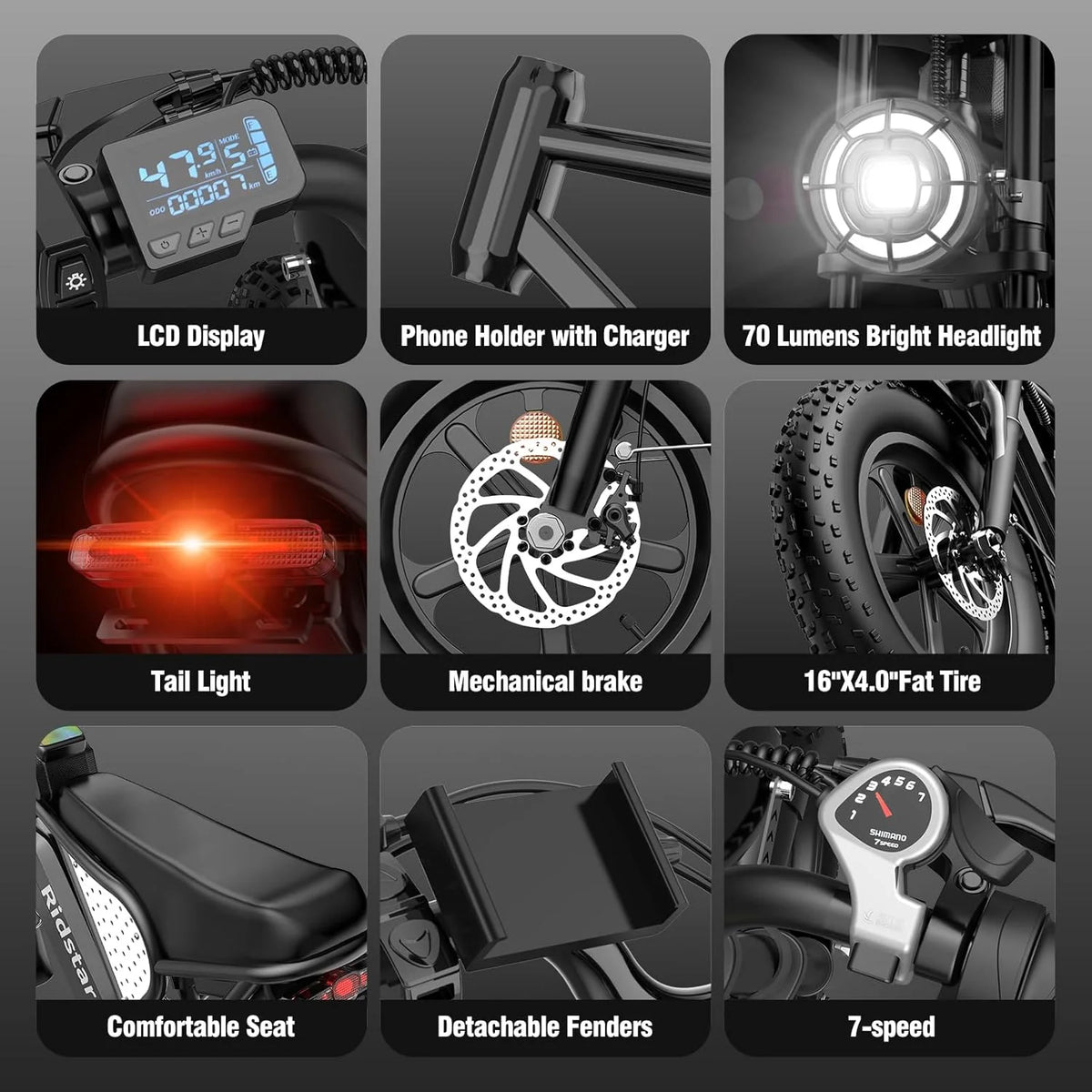 Vélo électrique Ridstar pour adultes, 1200 W, 32 mi/h, moto tout-terrain électrique 48 V 20 Ah, vélo de montagne à pneus larges de 20 pouces et 7 vitesses, UL2849
